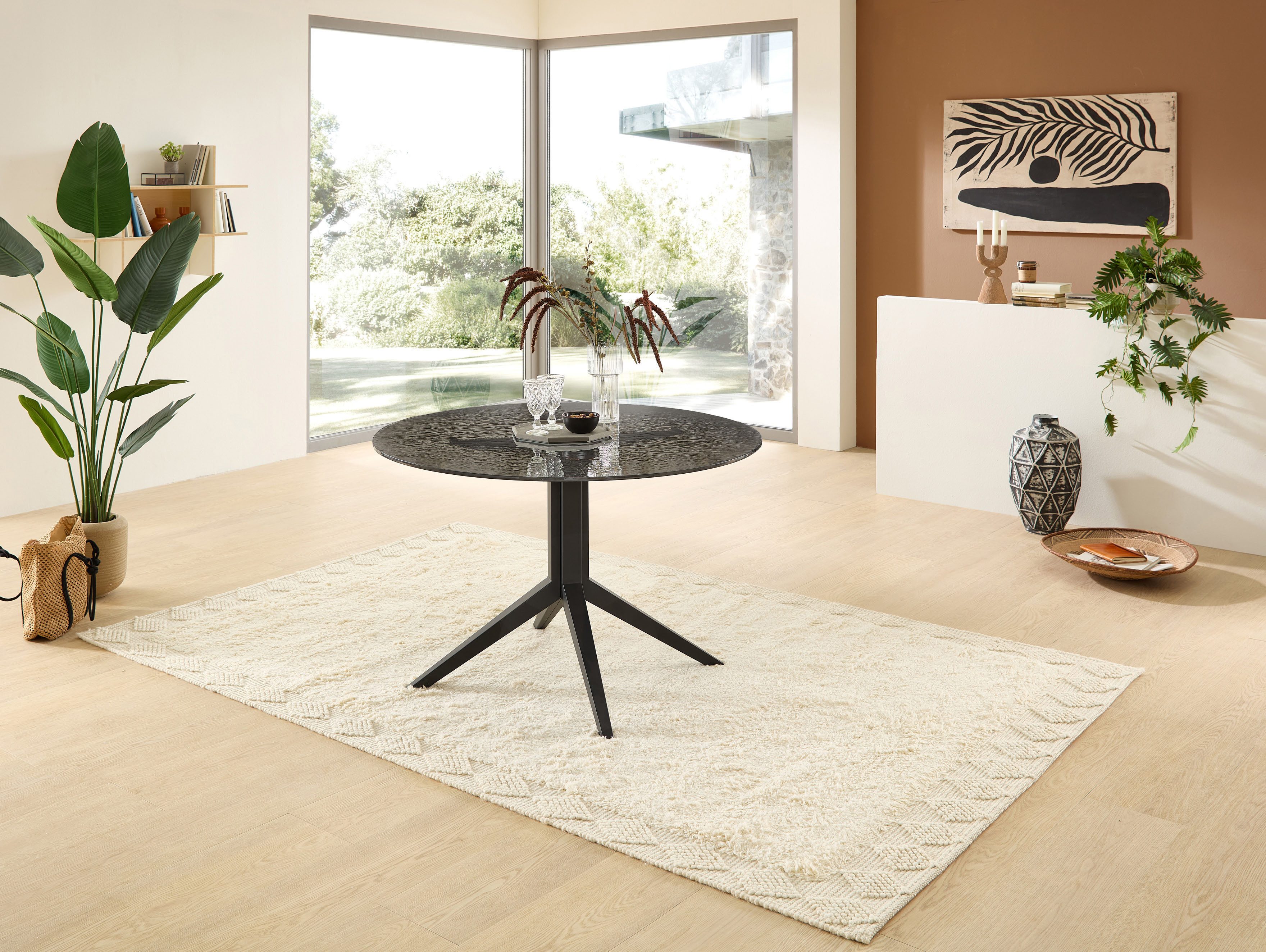 Stolkom Eettafel Leano ronde glazen tafel zwart, eettafel BxH 110x76 cm Veiligheidsglas breukveilig, water ripple effect zwart getint