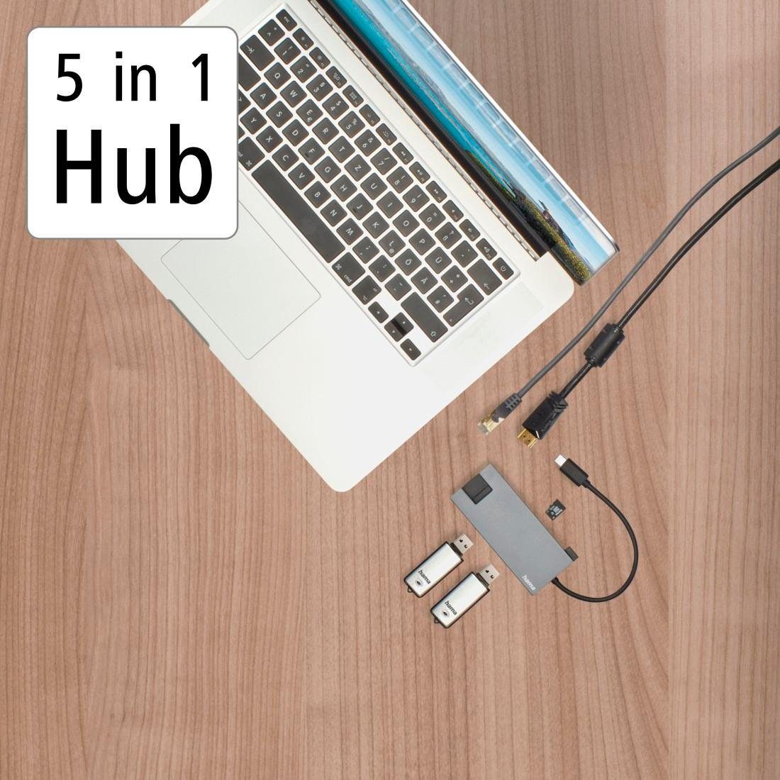 Hama USB-adapter USB-C multiport hub voor laptop met 5 poorten, USB-A, USB-C, HDMI, LAN (1 stuk)