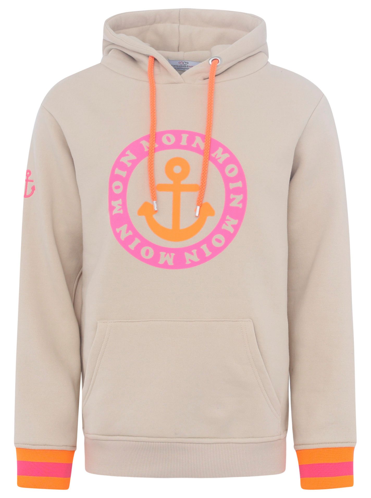 Zwillingsherz Hoodie met print "moin" en "anker" in neonkleuren