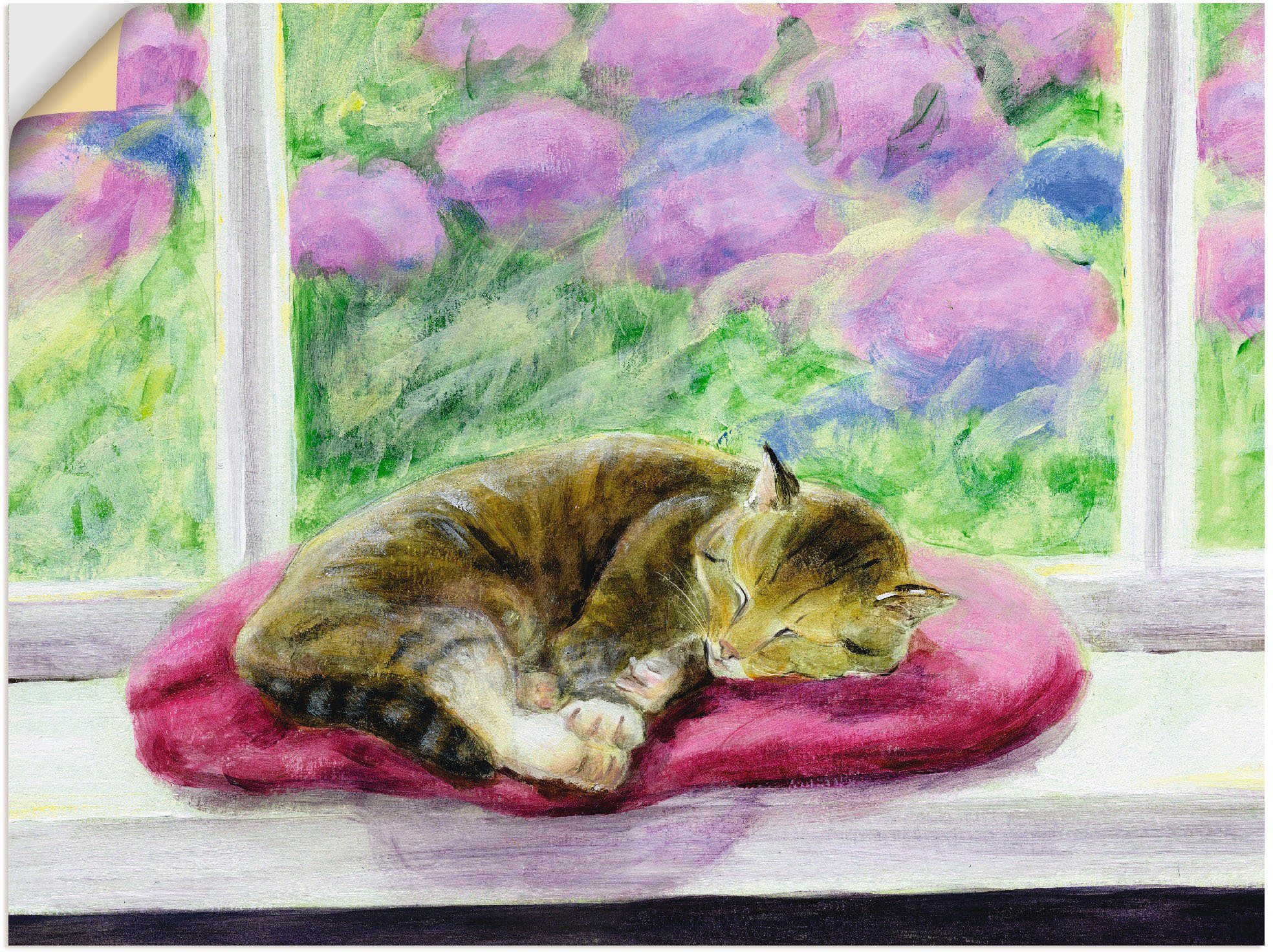 Artland Artprint Kat op vensterbank in tuin als poster, muursticker in verschillende maten foto schilderijen paars
