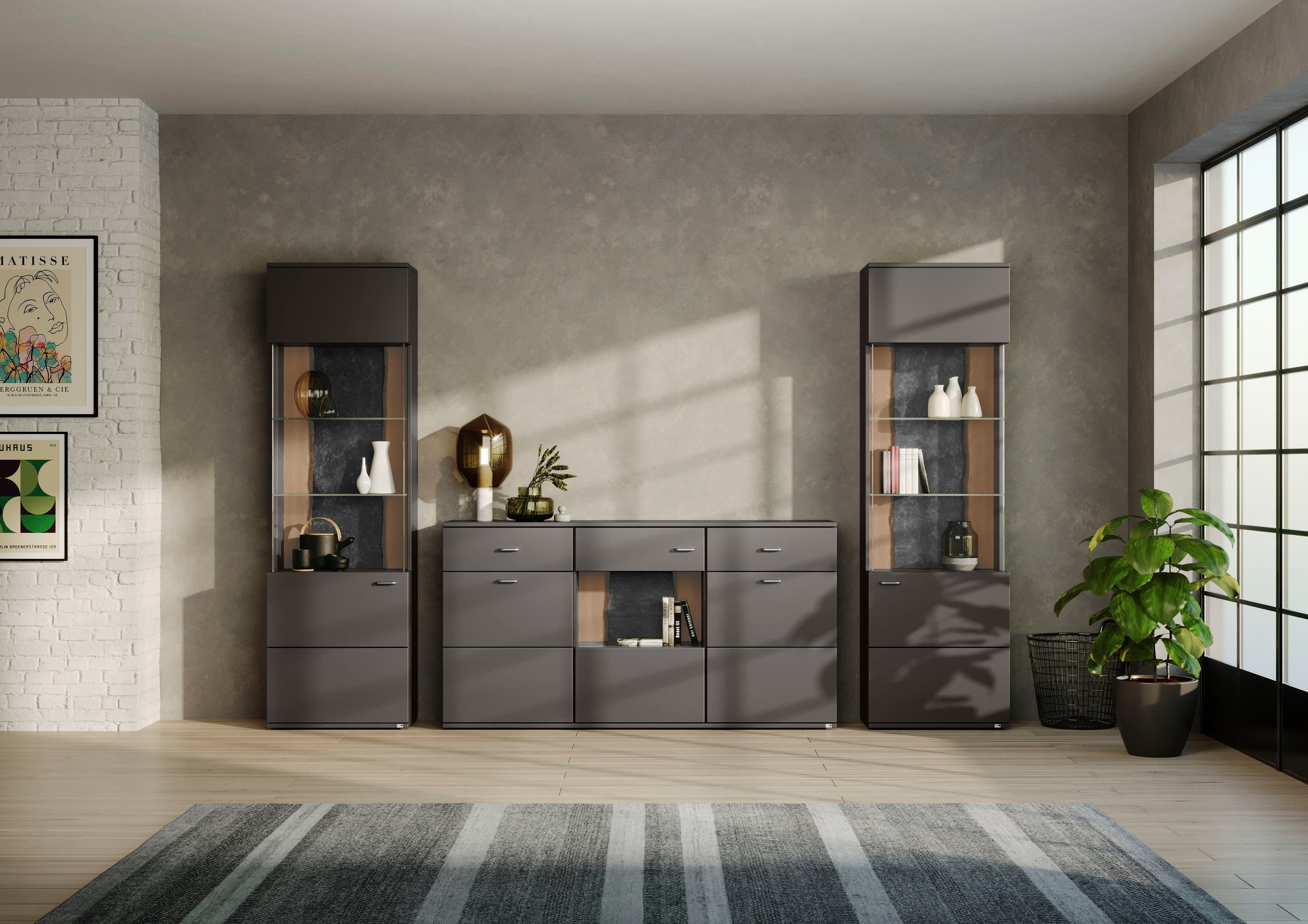 set one by Musterring Wandmeubel Tacoma Type 11, met 2 vitrinekasten (set, 3-delig) tv-wandmeubels grijs