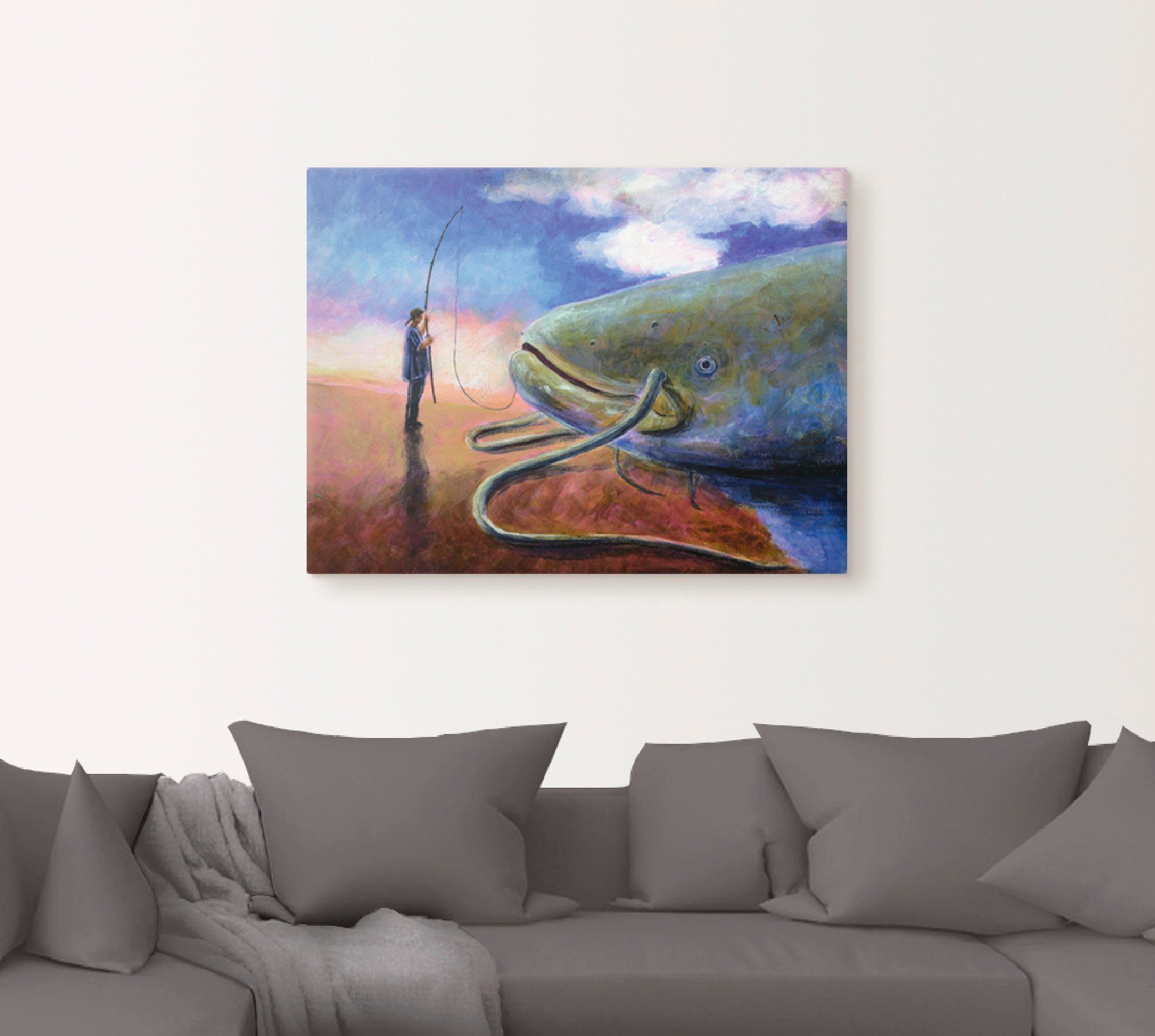 Artland Artprint Een dikke vis op de oever trekken als artprint op linnen, muursticker in verschillende maten