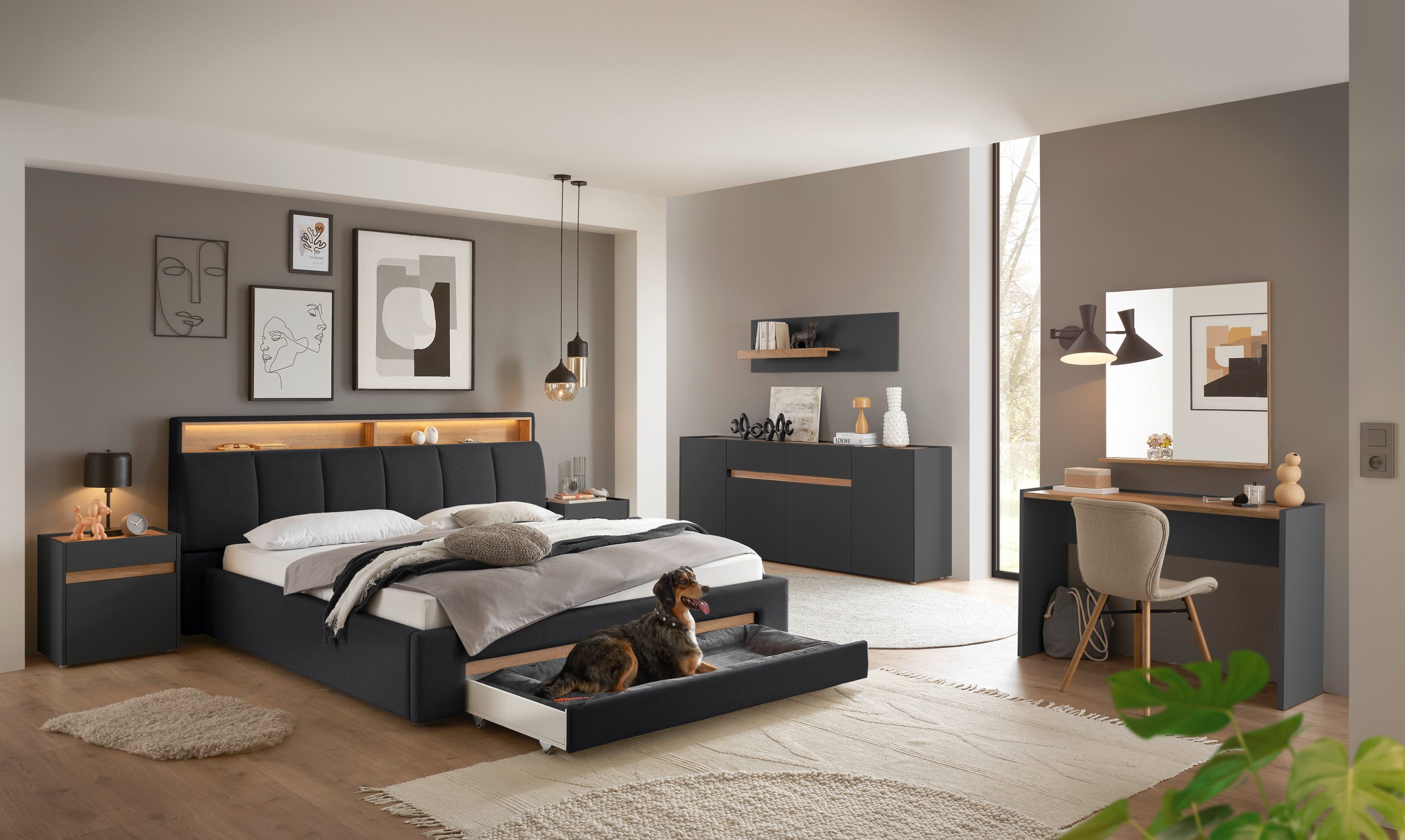 INOSIGN Gestoffeerd bed CiTY/GiRON,, gepolsterd opbergbed, met LED-verlichting Bedkisten met hondenbed of als opbergruimte, opklapbare hoofdeinden