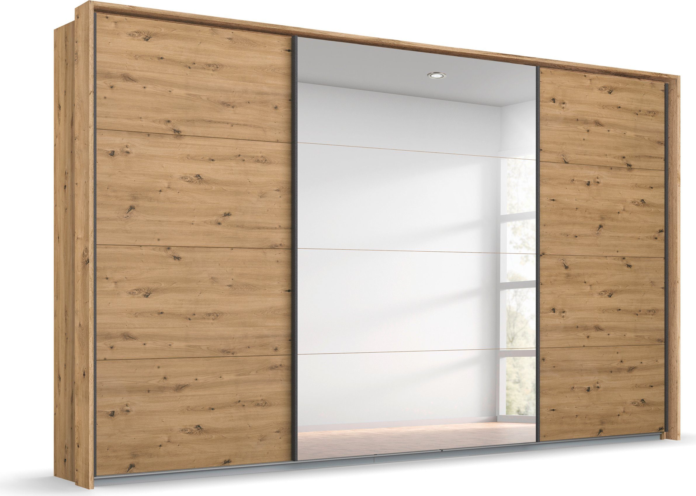 rauch Zweefdeurkast Oteli met spiegel in het midden en passe-partout, optioneel met verlichting zweefdeurkasten maat 323 cm x 233 cm x 68 cm beige