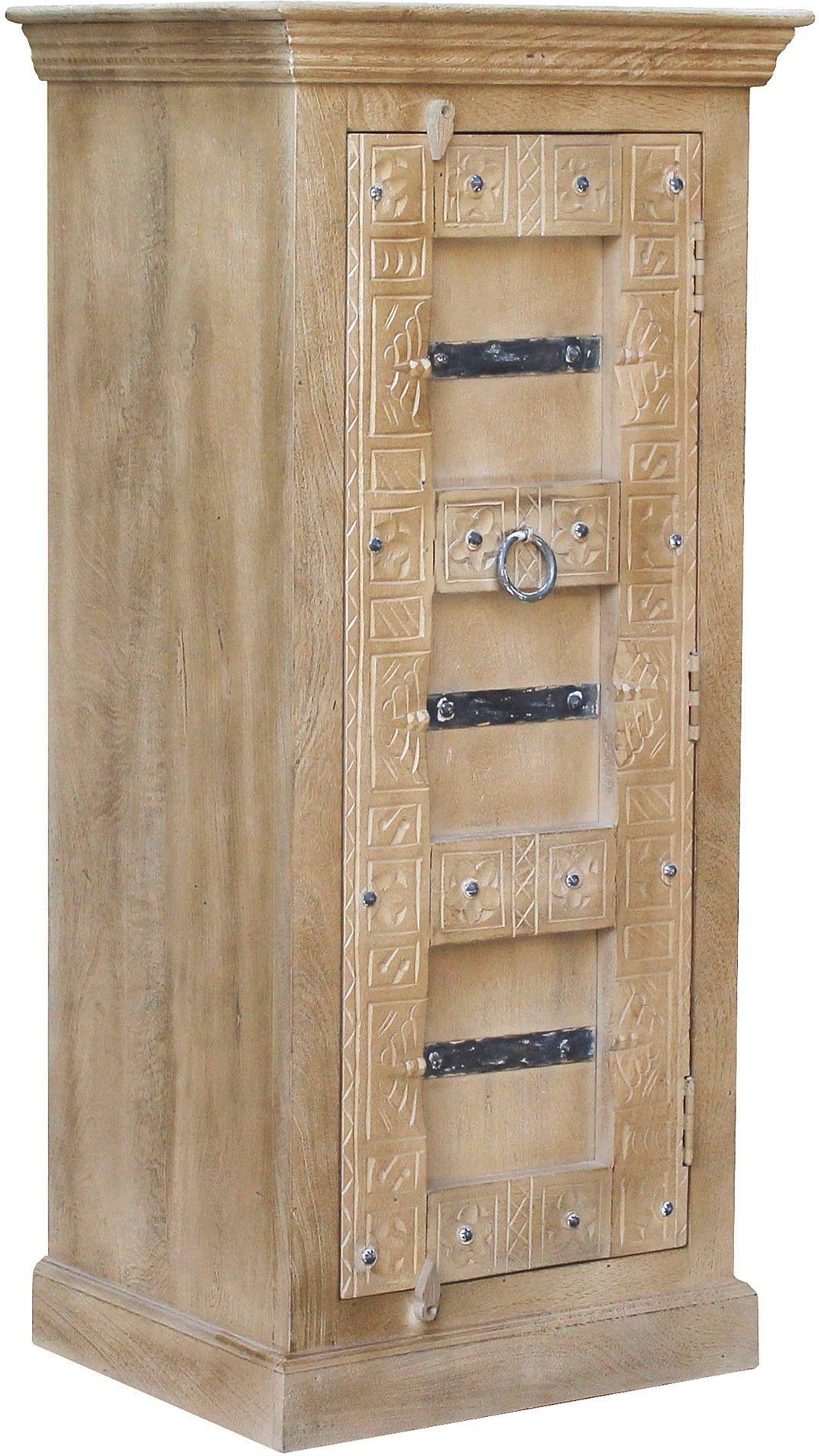 SIT Highboard Daipur kast gegraveerde versieringen, smalle kast met 1 deur