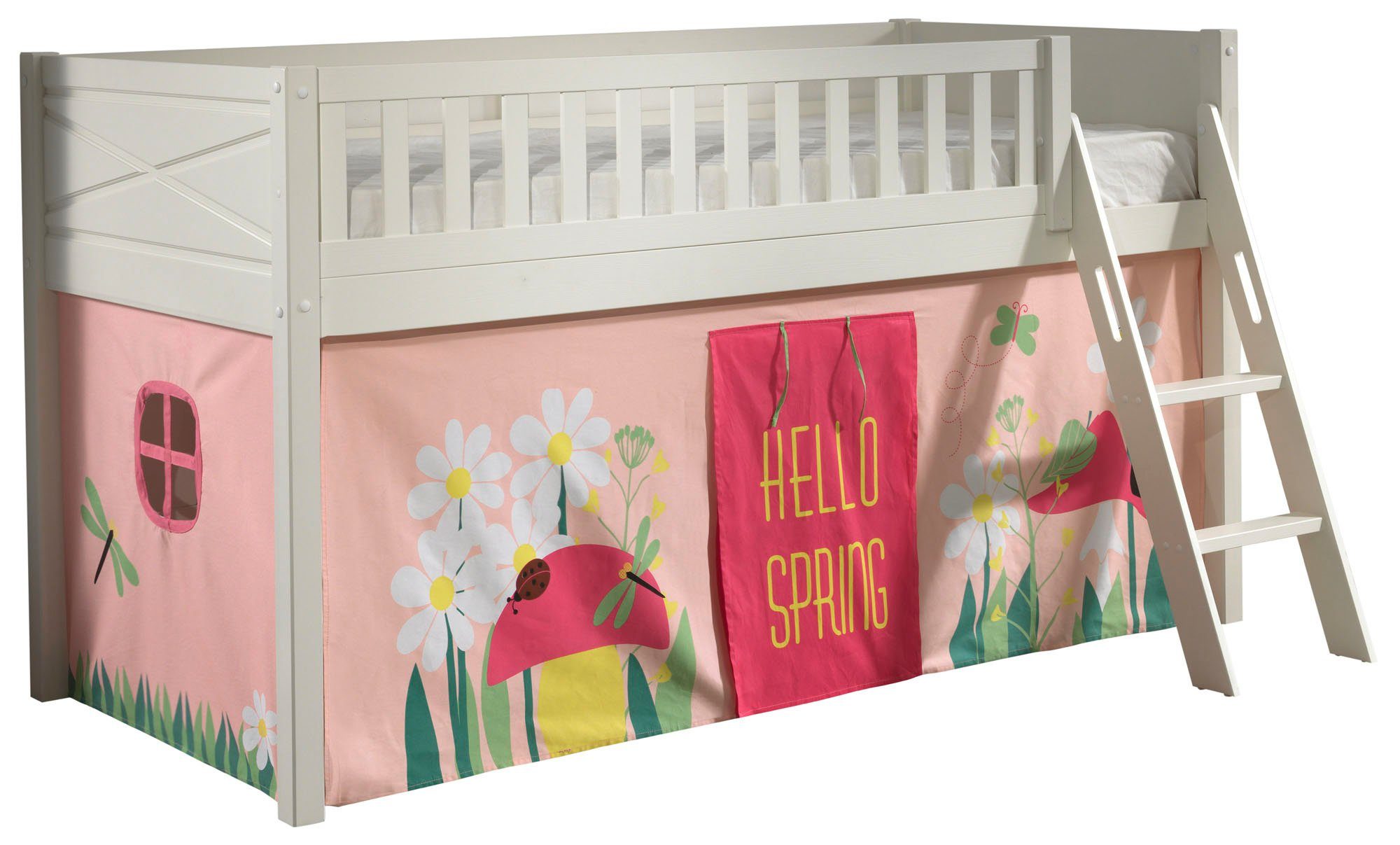 Vipack Hoogslaper Scott met schuine ladder, ligoppervlak 90 x 200 cm, doek, tunnel, 4 designs hoogslapers wit