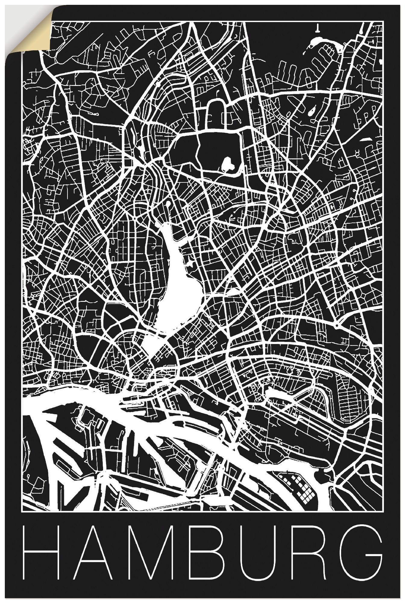 Artland Artprint Retro kaart Hamburg Duitsland zwart in vele afmetingen & productsoorten - artprint van aluminium / artprint voor buiten, artprint op linnen, poster, muursticker /