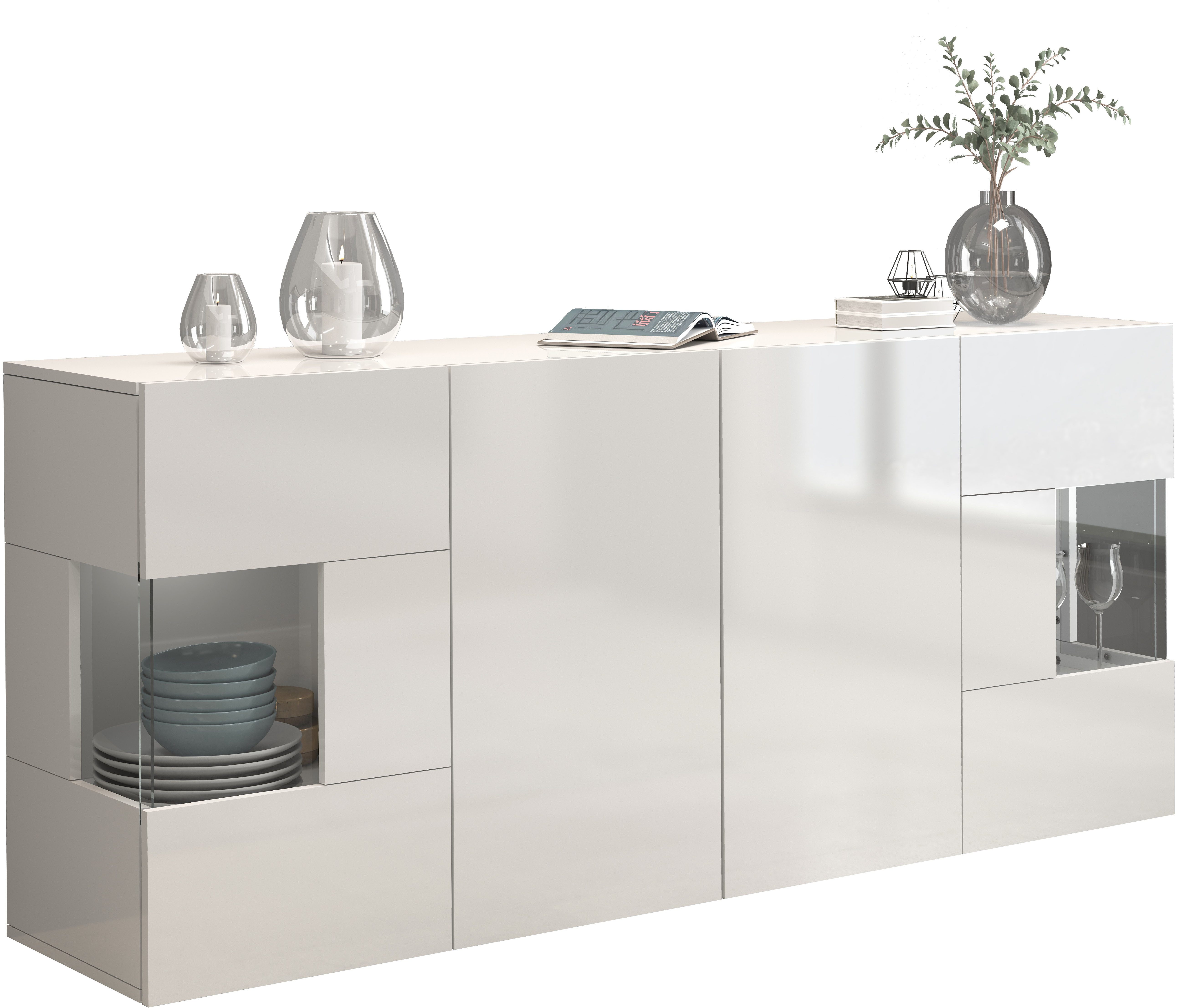 INOSIGN Dressoir Egypte, Ladekast, Kast, Buffet, Vitrine greeploos 4 deuren waarvan 2 met glas inzet, compleet hoogglans gelakt, breedte 180