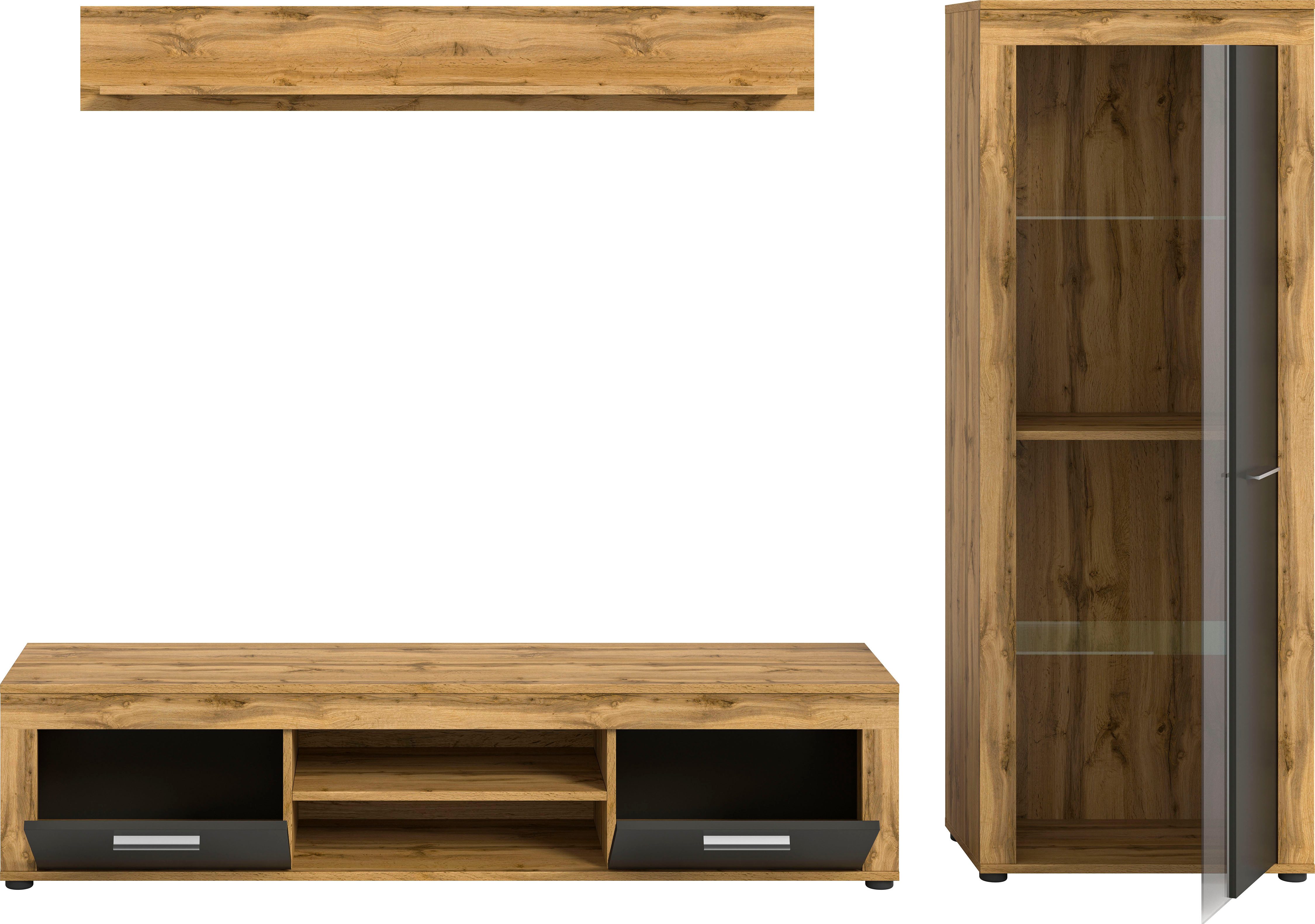 INOSIGN Wandmeubel Aosta, Breedte 235cm, bestaand uit Lowboard, Wandplank, Vitrine Woonwand, combinatie, opbouwwand, meubelset, kastwand, meubelcombi (3-delig)