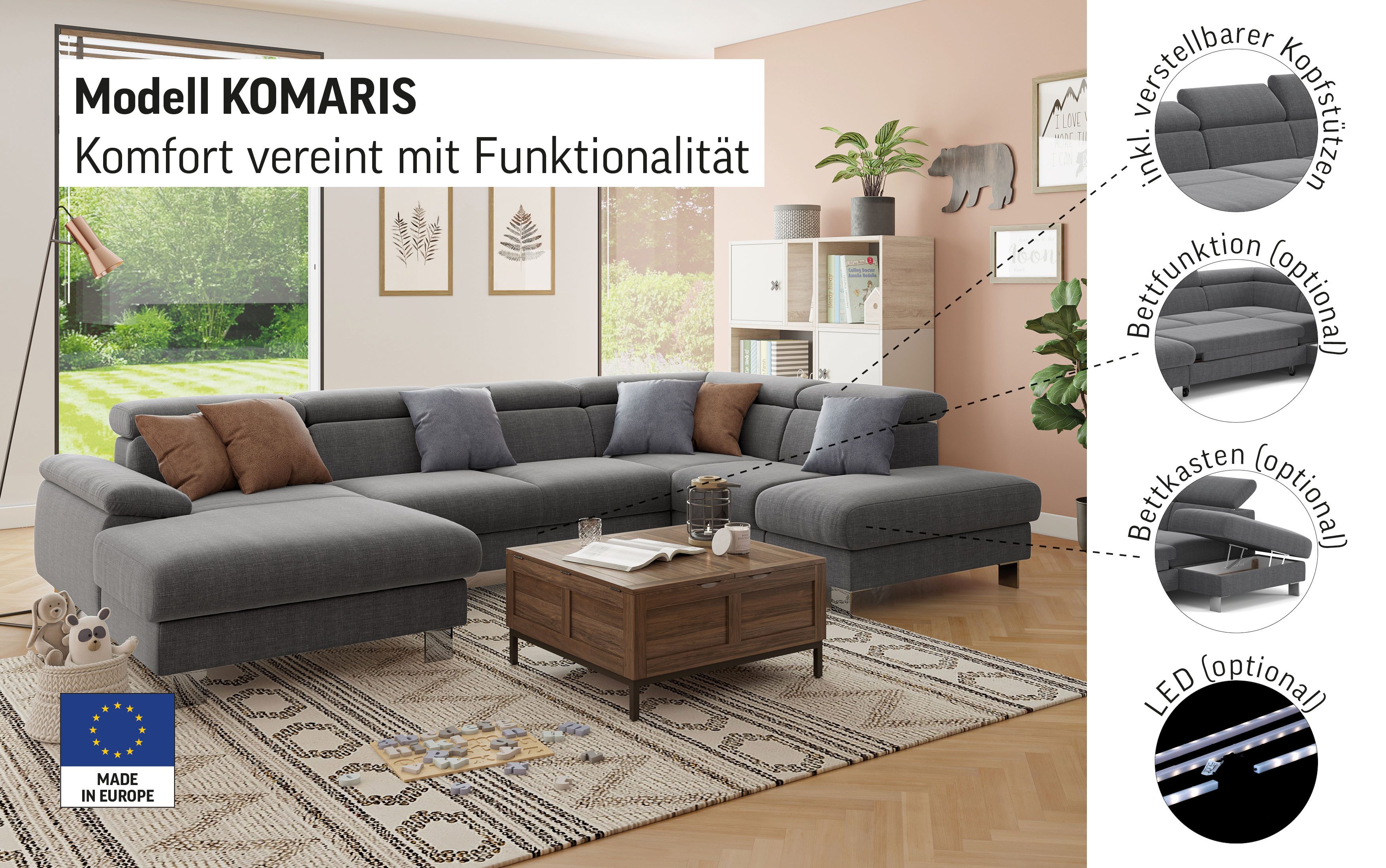 COTTA Zithoek Komaris U-vorm met hoofdeindeverstelling keuze met bedfunctie, bedlade & verlichting
