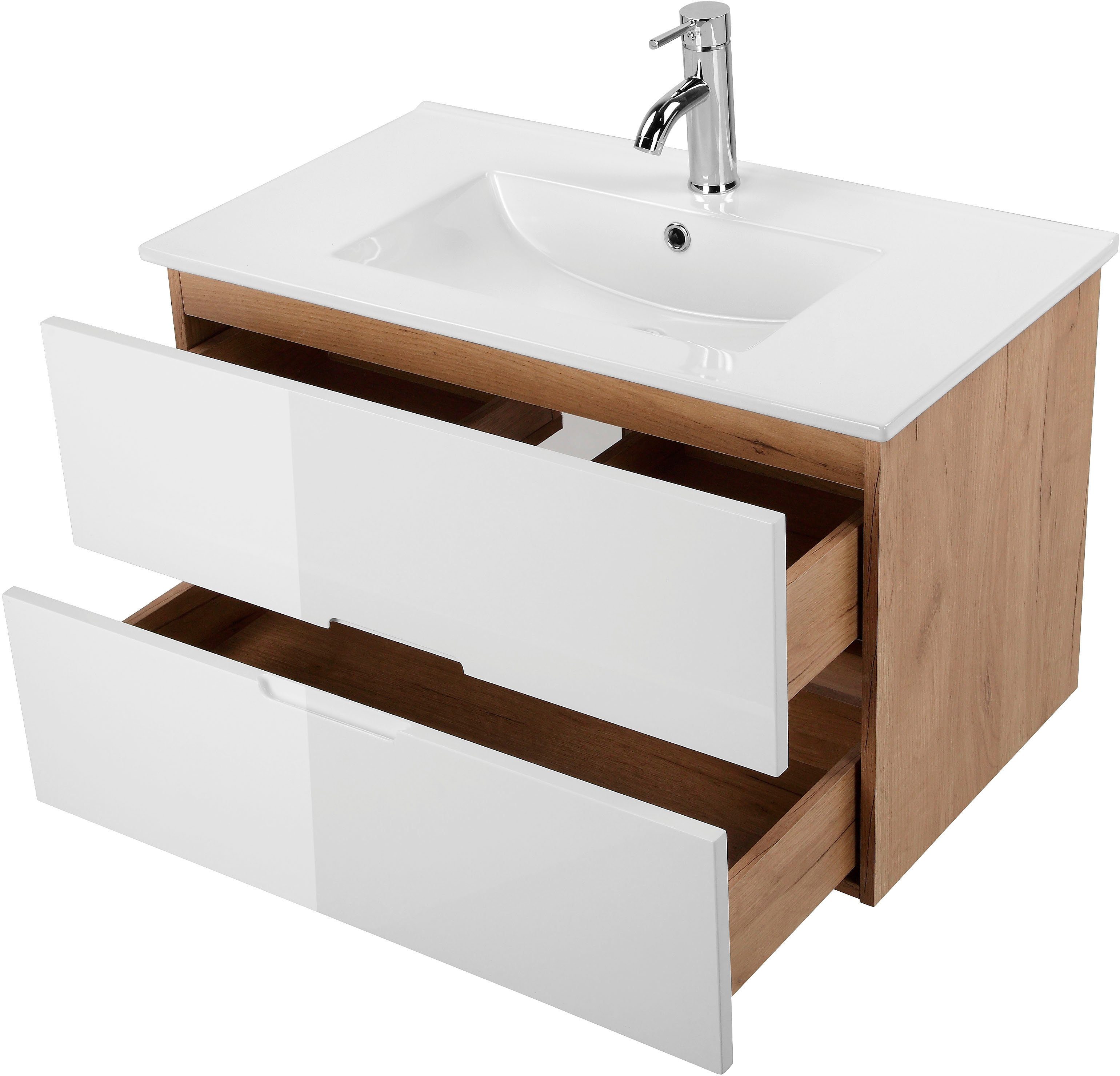 welltime Badkamerserie Lund badkamermeubelset badkamerkast badkamerset Wastafelonderkast, spiegelkast en bekken breedte 80 cm (complete set, 3-delig)