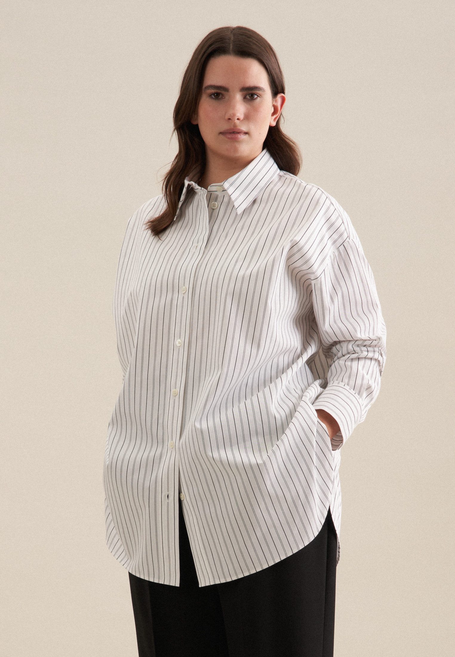 seidensticker Lange blouse Zwarte roos Lange mouwen kraag strepen dames lange blouses maat 6XL (52) wit