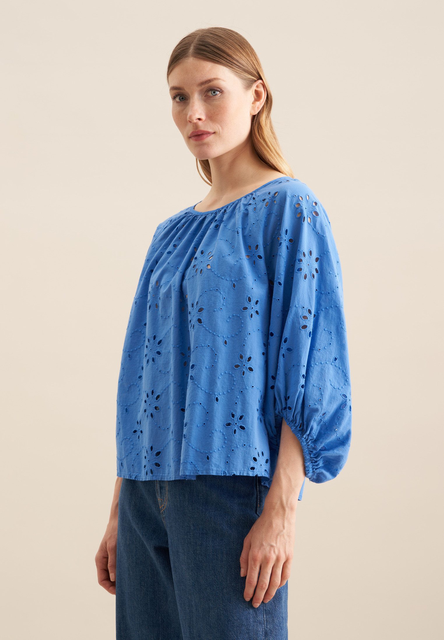seidensticker Shirtblouse Zwarte roos 3/4-arm ronde hals borduursel dames blouses maat M (38) blauw
