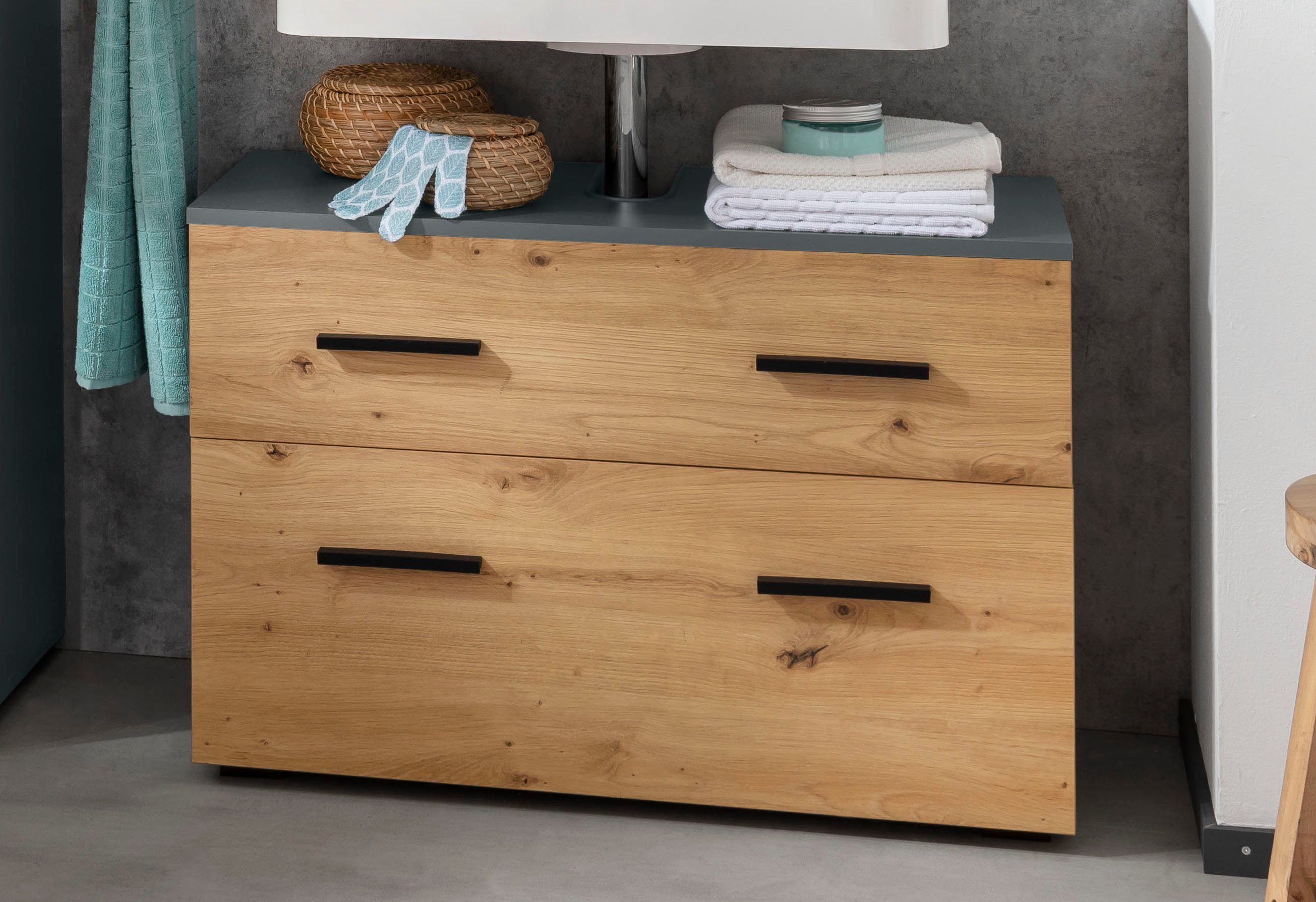 INOSIGN Wastafelonderkast Skara met klep en lade, zwarte grepen, breedte 80 cm, hoogte 55 cm