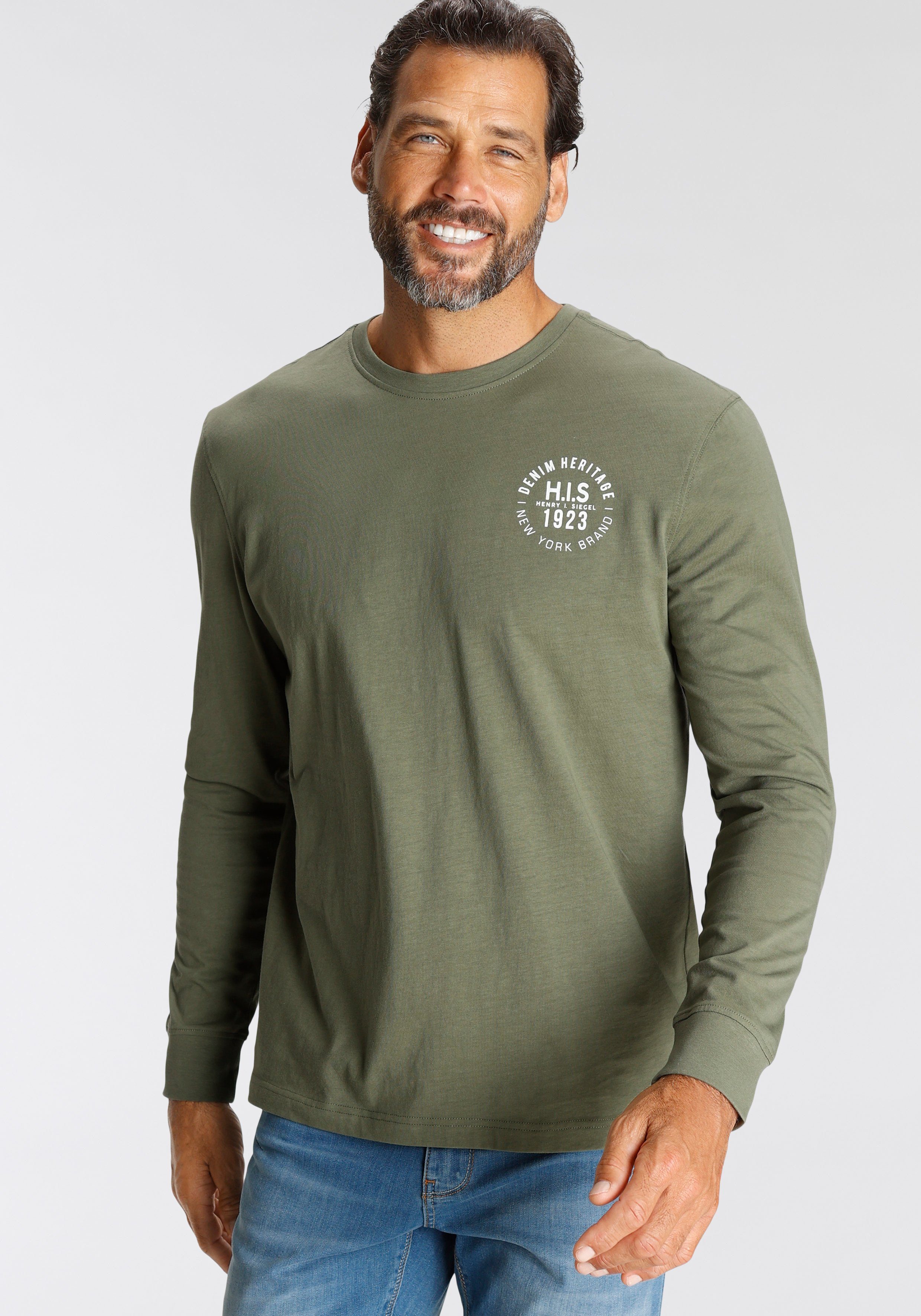 H.I.S Shirt met lange mouwen Lange mouwen, bedrukt, ronde hals, van 100% katoen (2-delig, Set van 2)