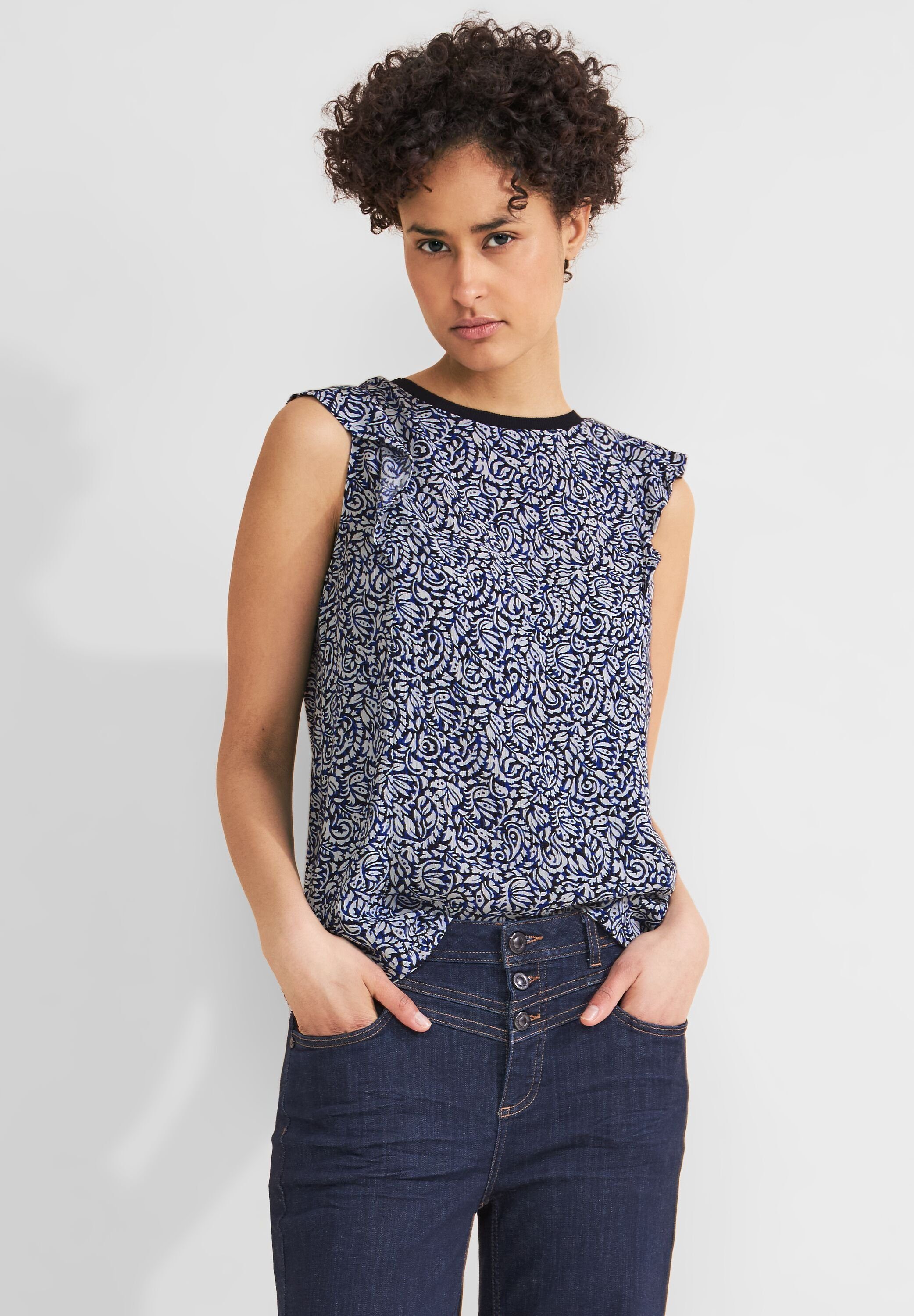 STREET ONE Top met ruches Printed mat-mix top met volant aan de mouwen dames tops maat 40 blauw