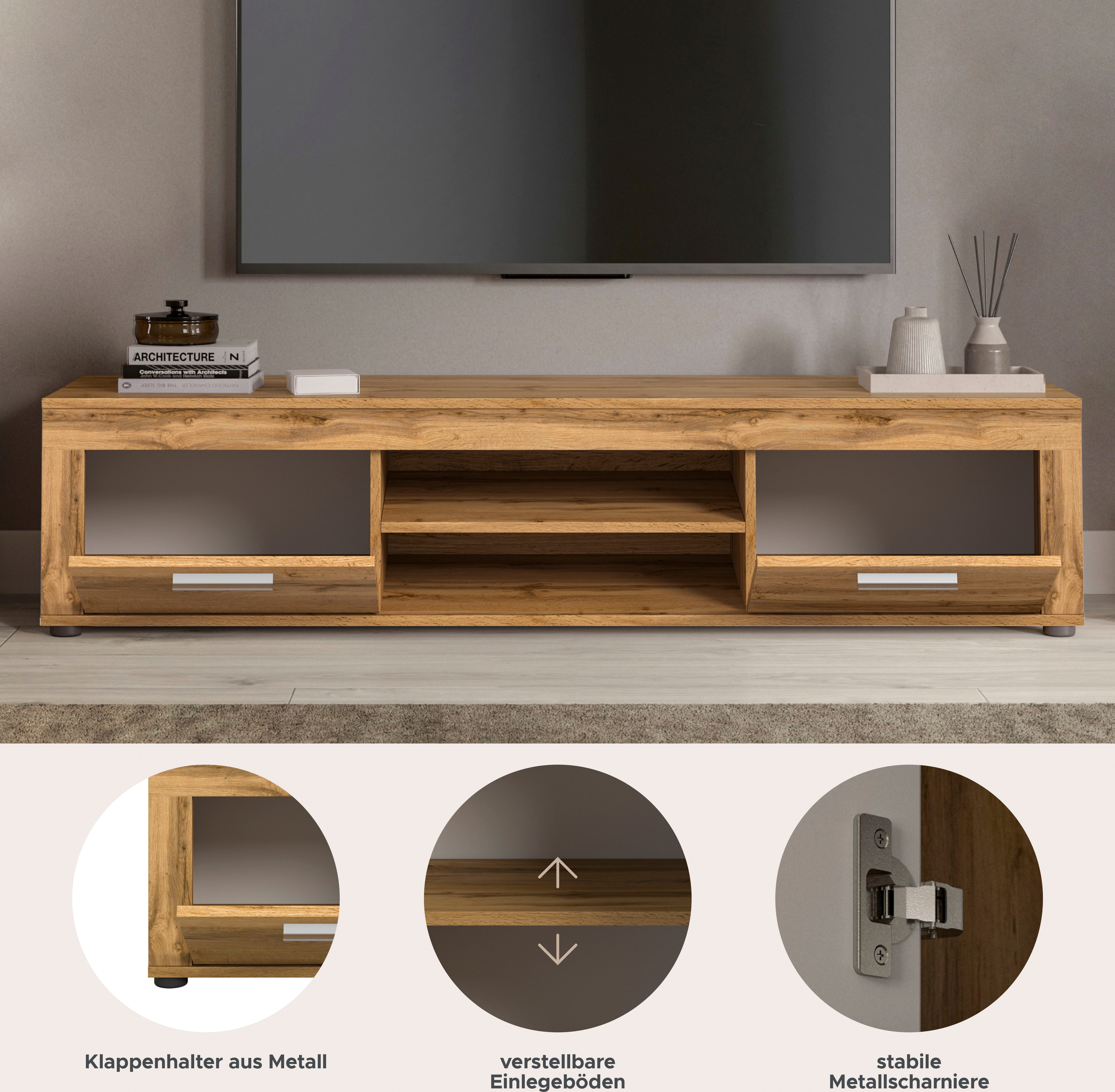 INOSIGN Tv-meubel Aosta, breedte 160 cm, in verschillende kleuruitvoeringen met 2 kleppen en 2 open vakken, tv-bord, mediabord, tv-meubel