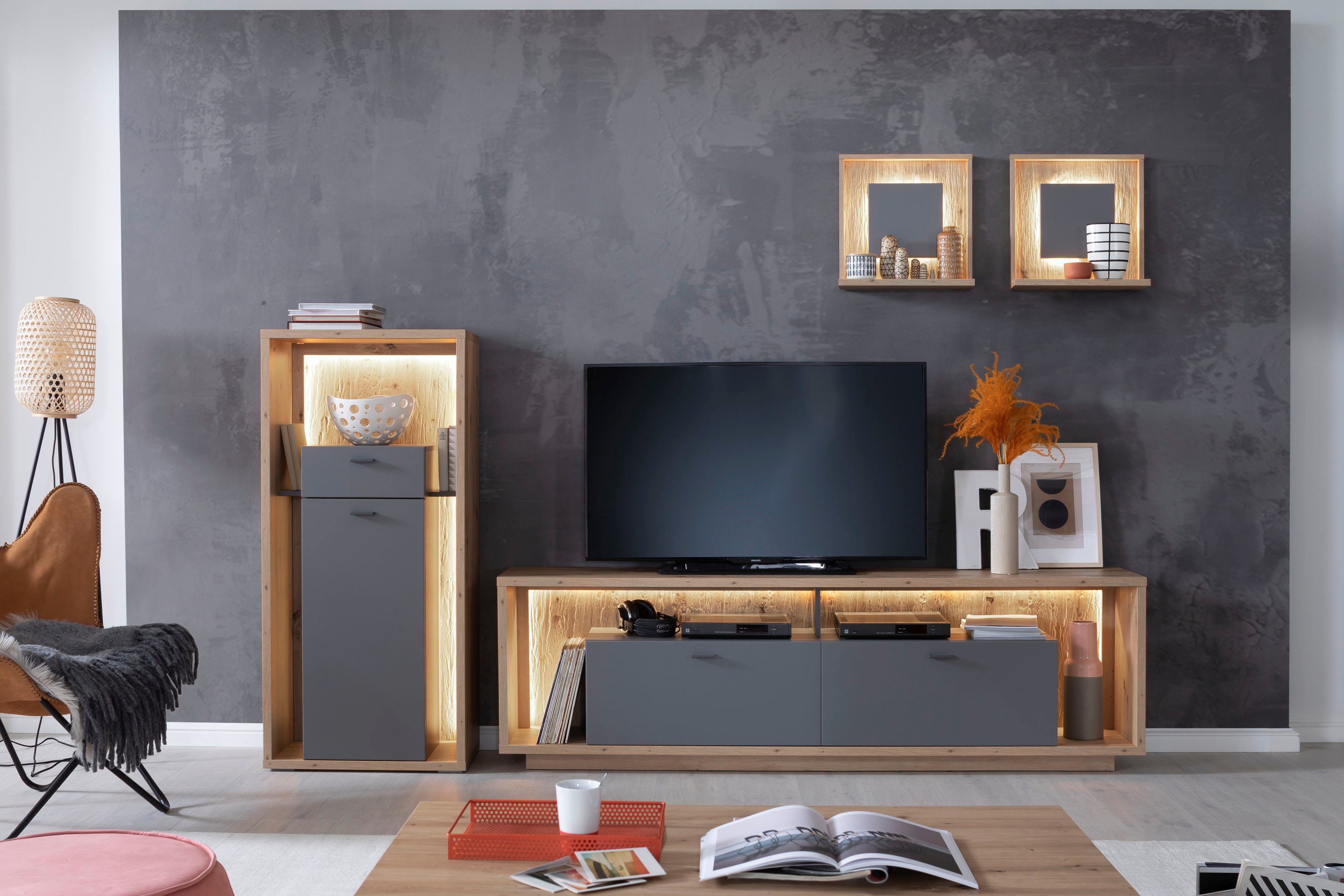 MCA furniture Tv-meubel Lizzano moderne landelijke stijl, tv-meubel voor tv tot 80 inch met 3-d achterwand, naar keuze met verlichting