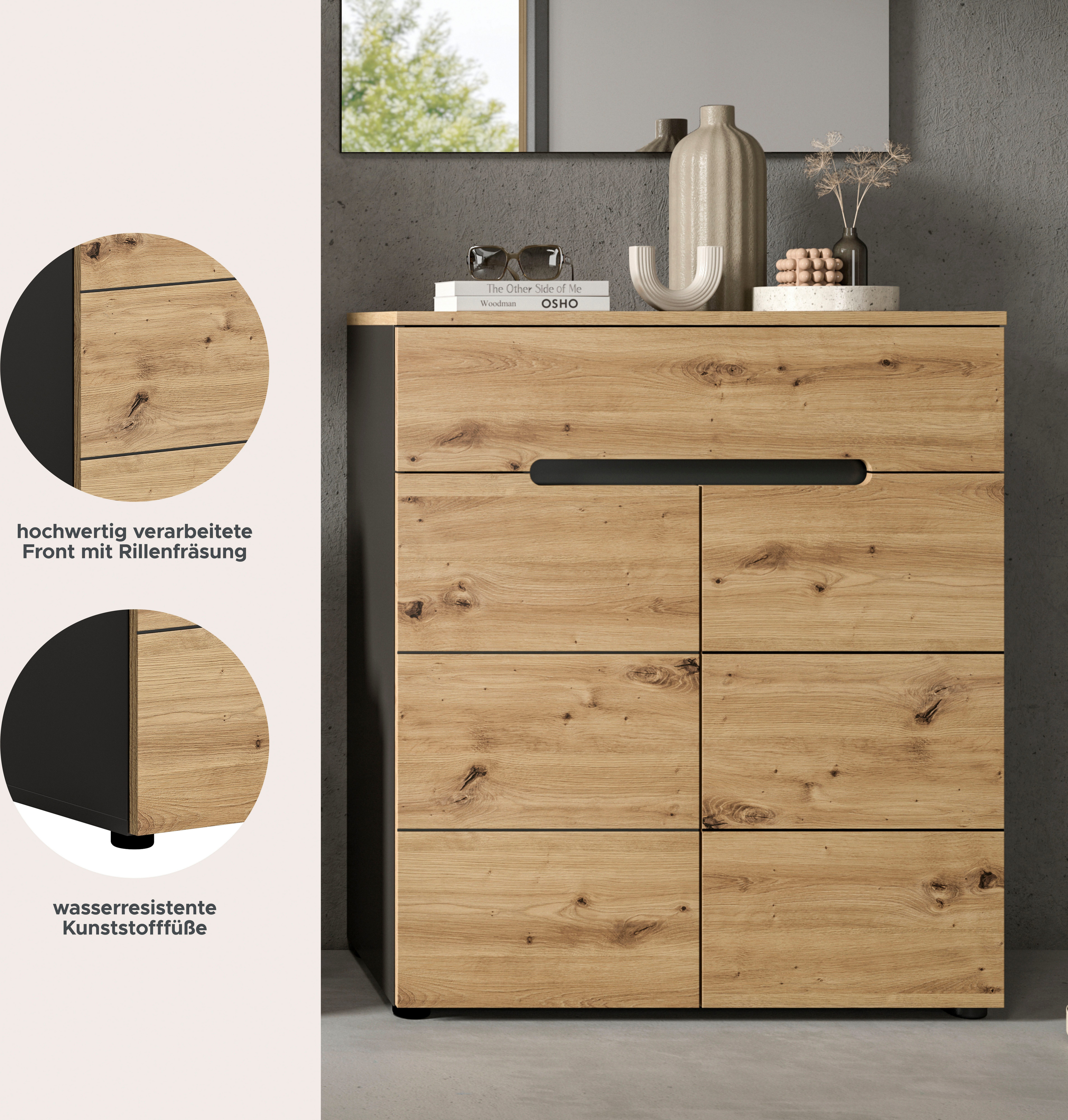 INOSIGN Schoenenkast Rehat, Breedte 80cm, Basaltgrijs/Artisan Eik, 2 deuren, 1 lade