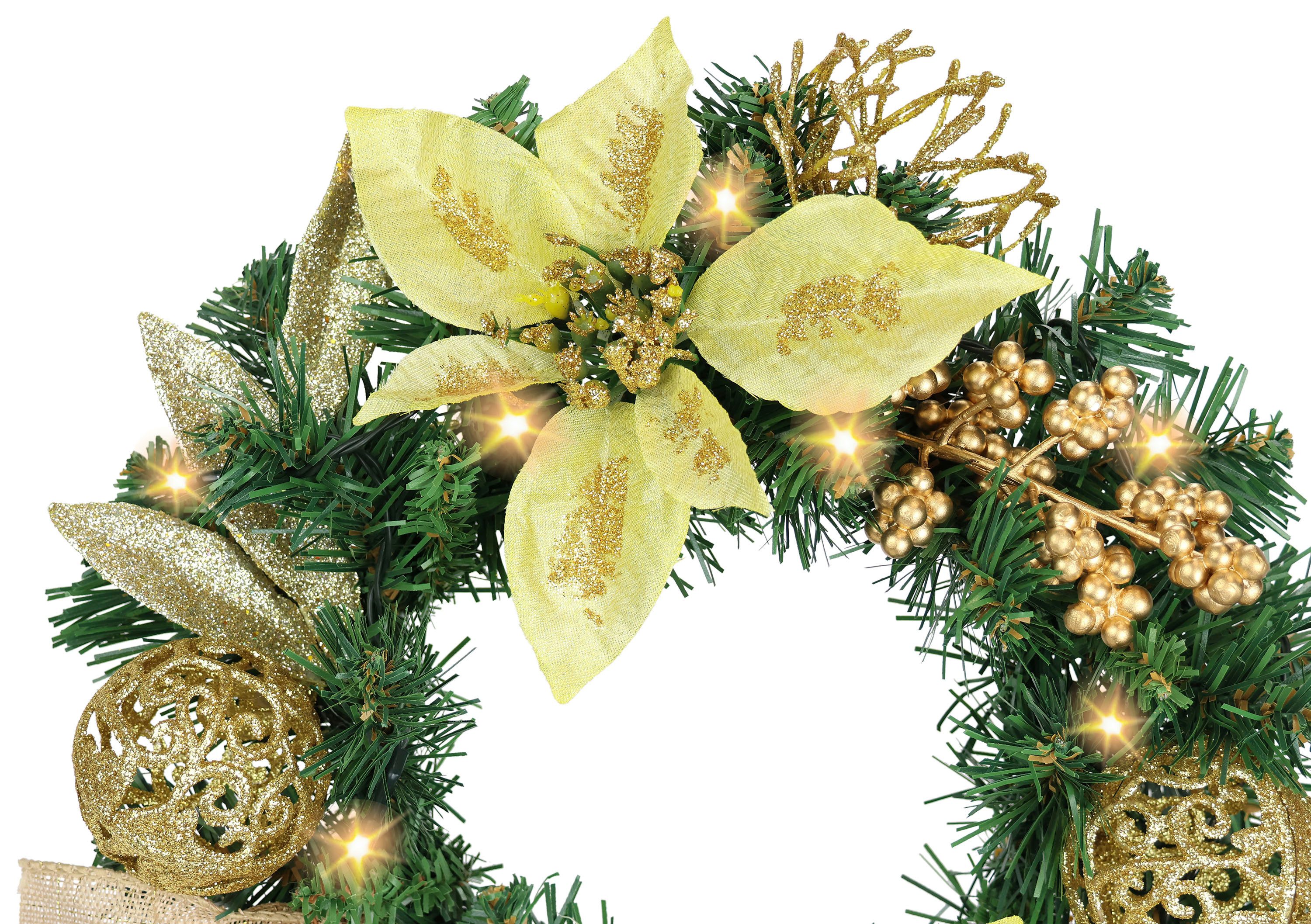 I.GE.A. Kunstkrans Gedecoreerde kerstkrans met LED-licht Met kerstster bessen dennen takken kerstballen krans adventskrans (1 stuk)