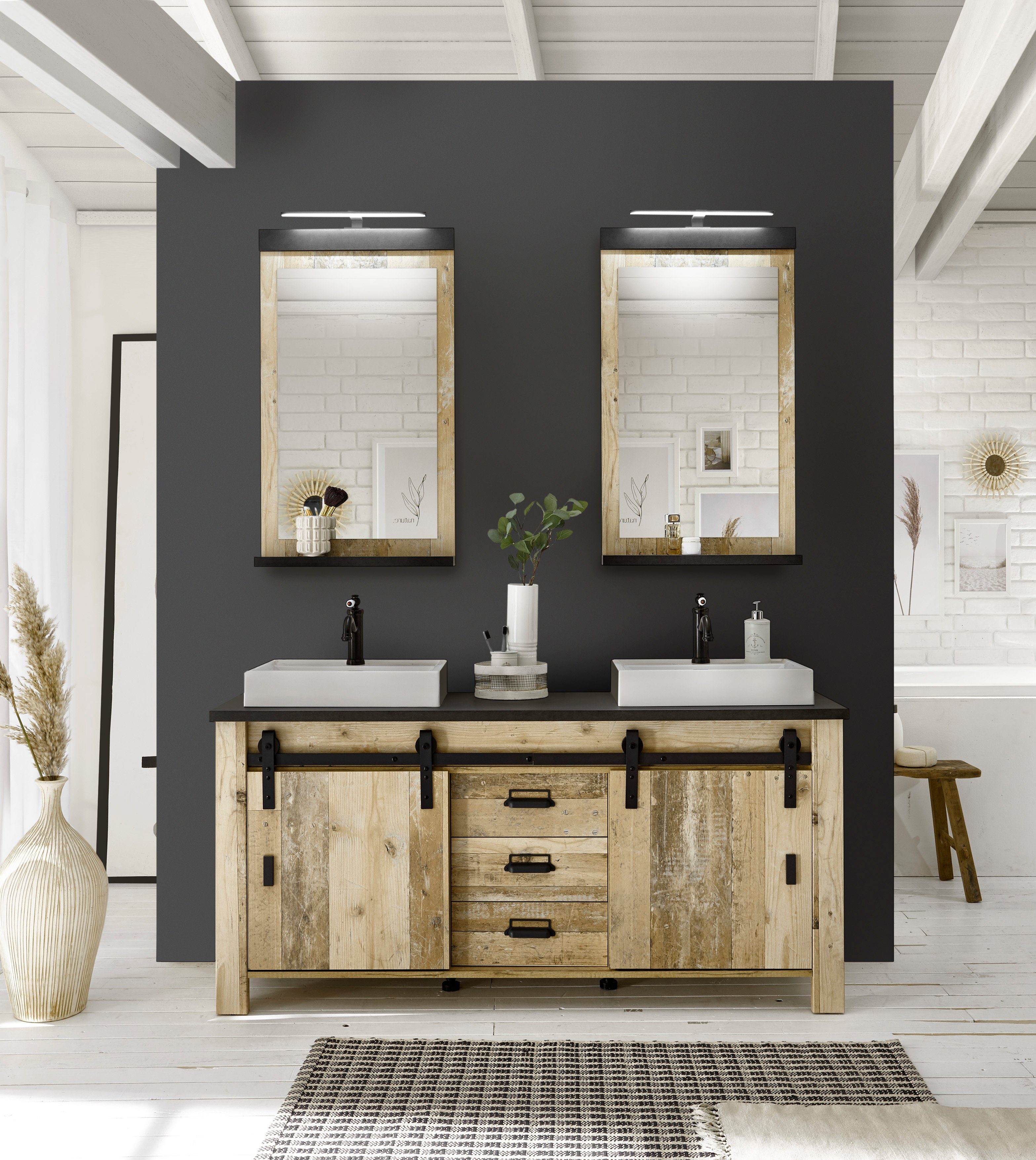 Home affaire Badkamerserie Sherwood in houtdecor, met schuurdeurbeslag en apothekersgrepen van metaal (3-delig)