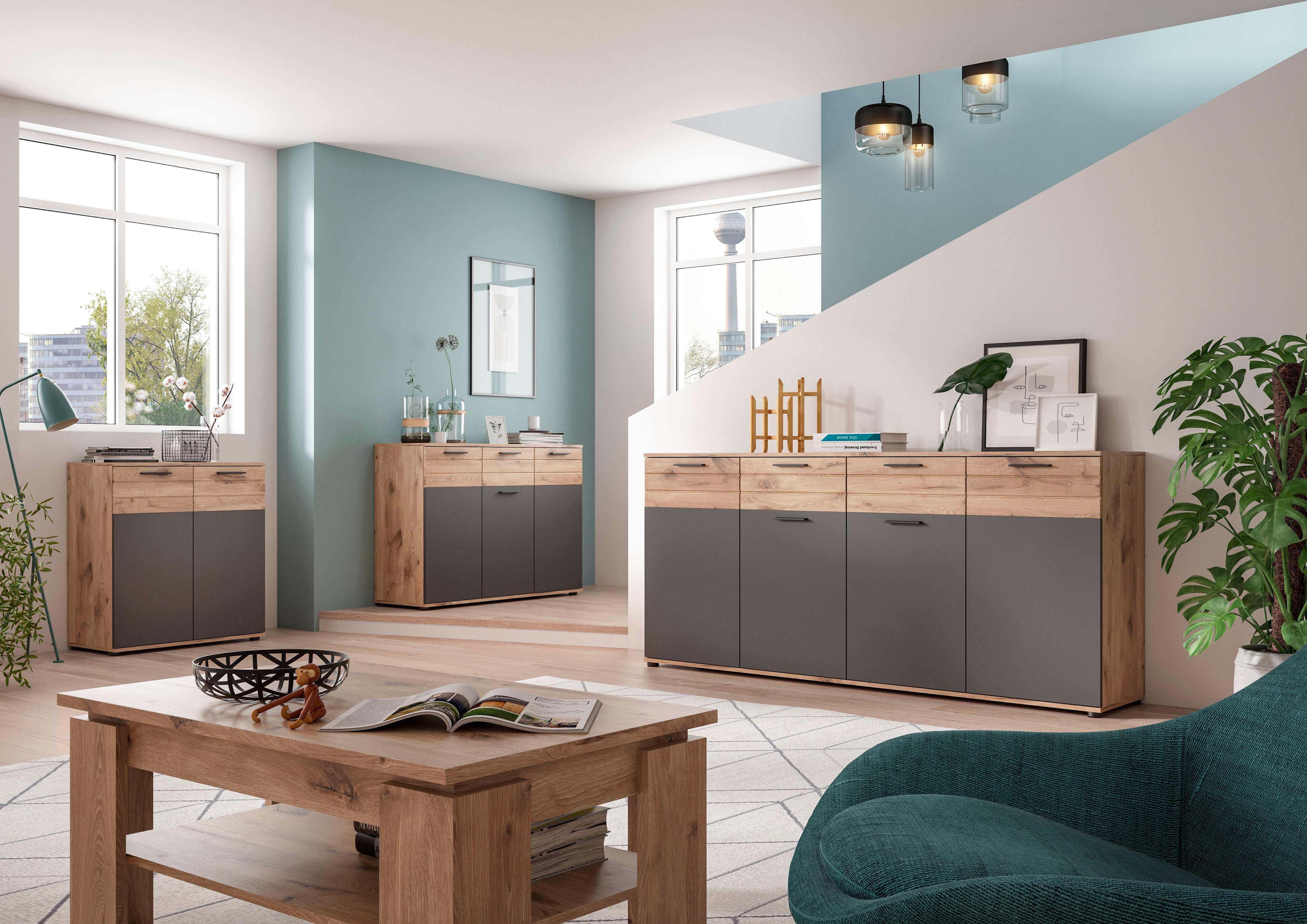 INOSIGN Dressoir Riga, Breedte 120 cm, 3 Deuren, 1 Lade, 5 Planken, 8 Vakken hoogwaardige groeffrezen, met softclose, commode, dressoir, kast
