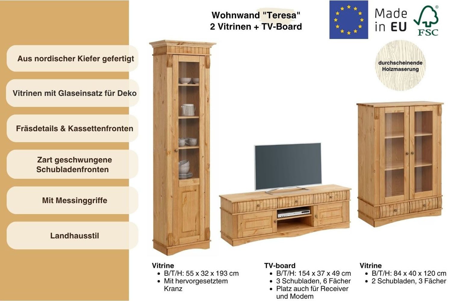 Home affaire Wandmeubel Teresa bestaand uit 1 vitrinekast klein, 1 vitrinekast groot, 1 tv-meubel (set, 3-delig)