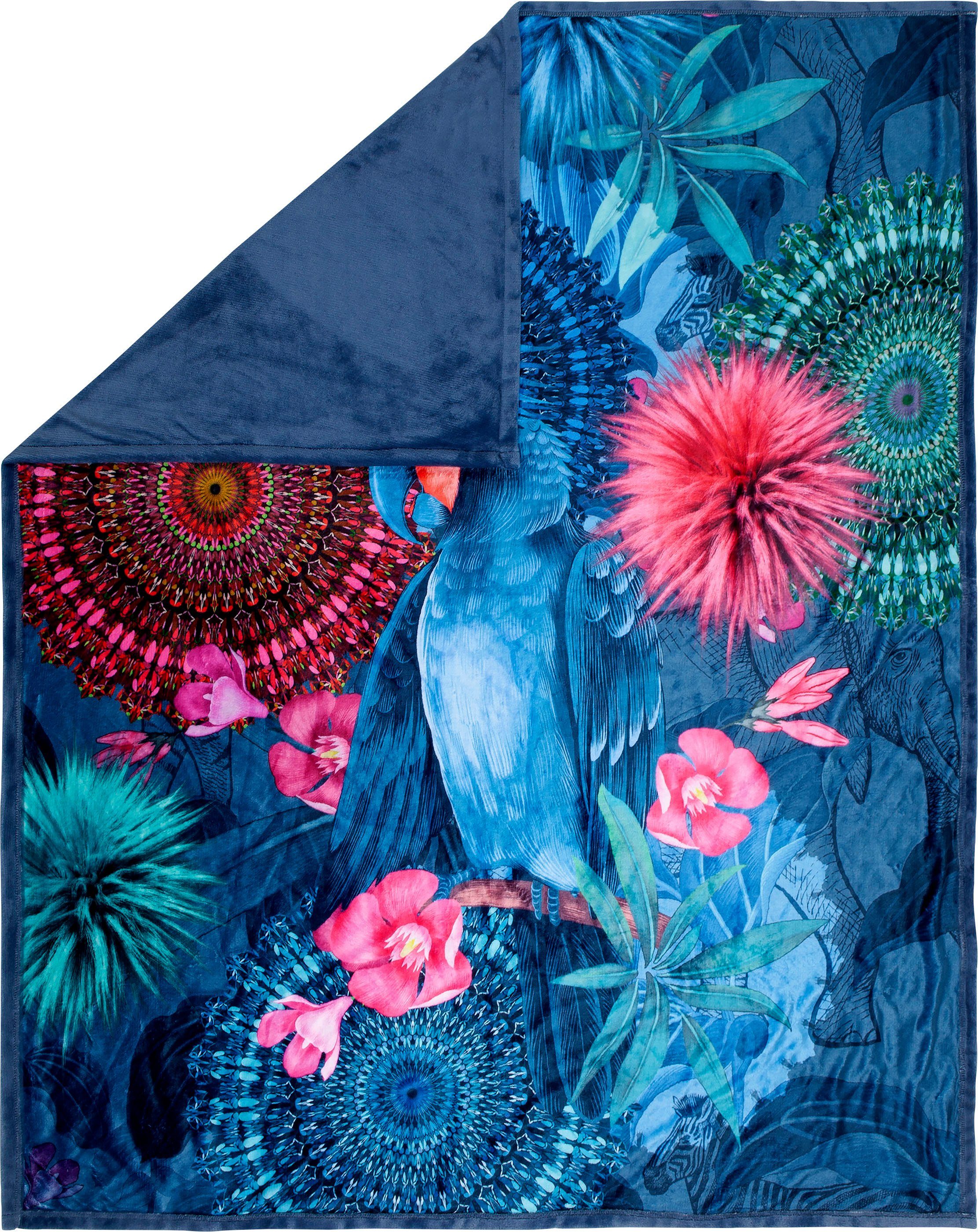 hip Plaid Ofelia Zacht, knuffeldeken, 130x160 cm, omkeerbaar, mandala, papegaai, blauw