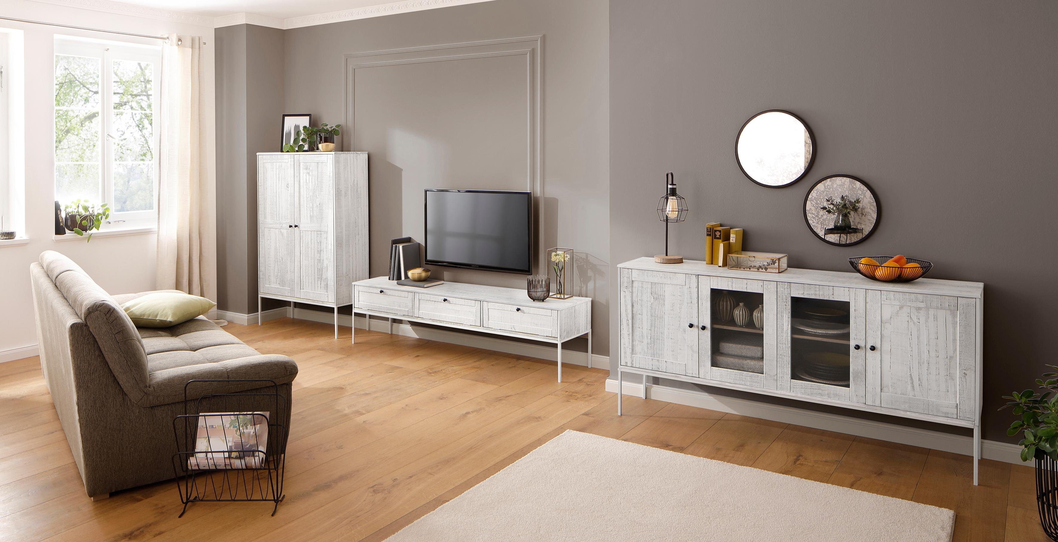 Home affaire Tv-meubel Freya Commode met 3 kleppen, metalen handgrepen, van massief hout, breedte 175 cm