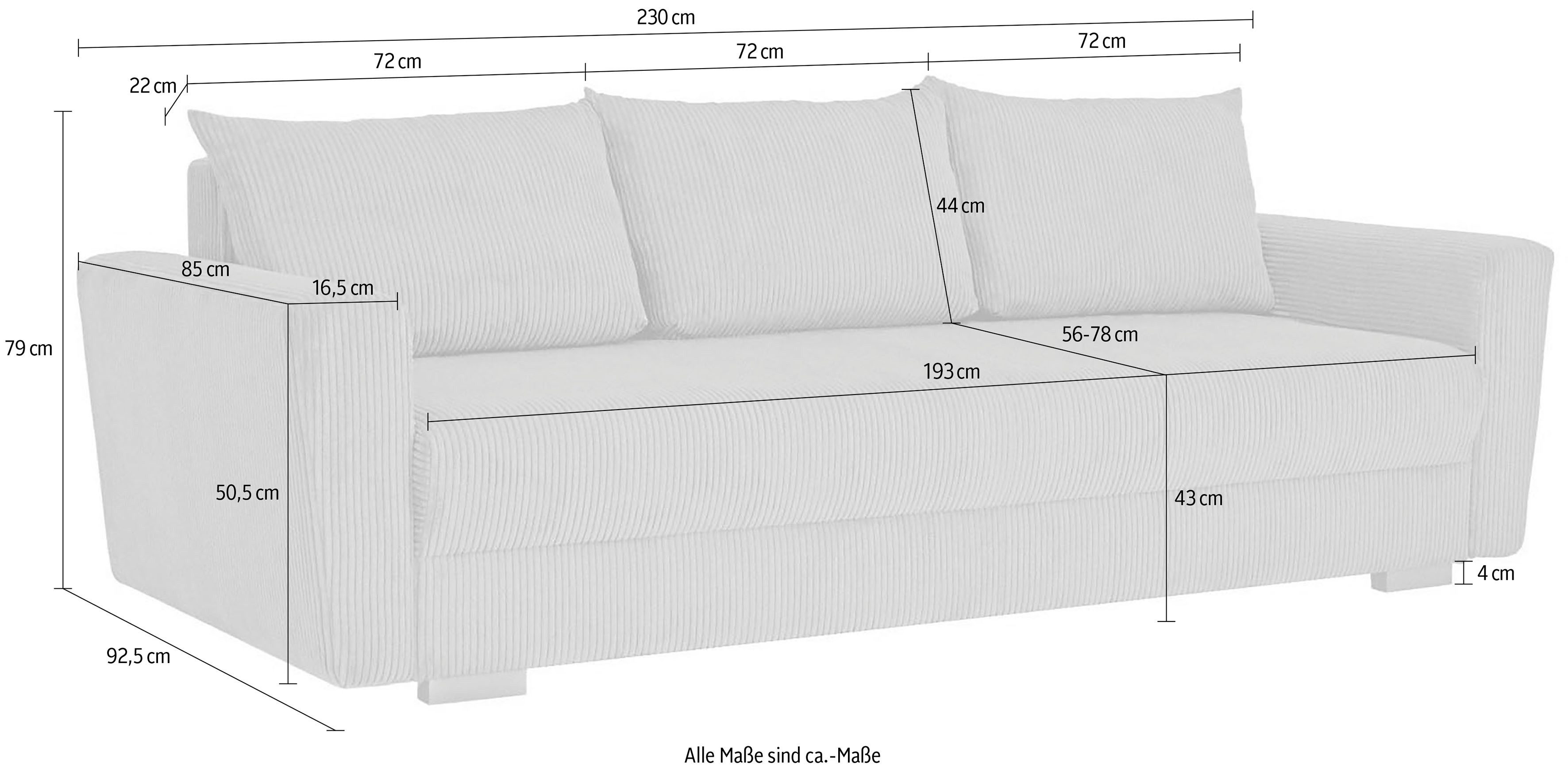 INOSIGN 3-zitsbank MAGHERA slaapbank met bedlade, van hoogwaardige afwerking met golfvering, corduroy en structuur bekleding, b/h/d 230/92,5/79 cm