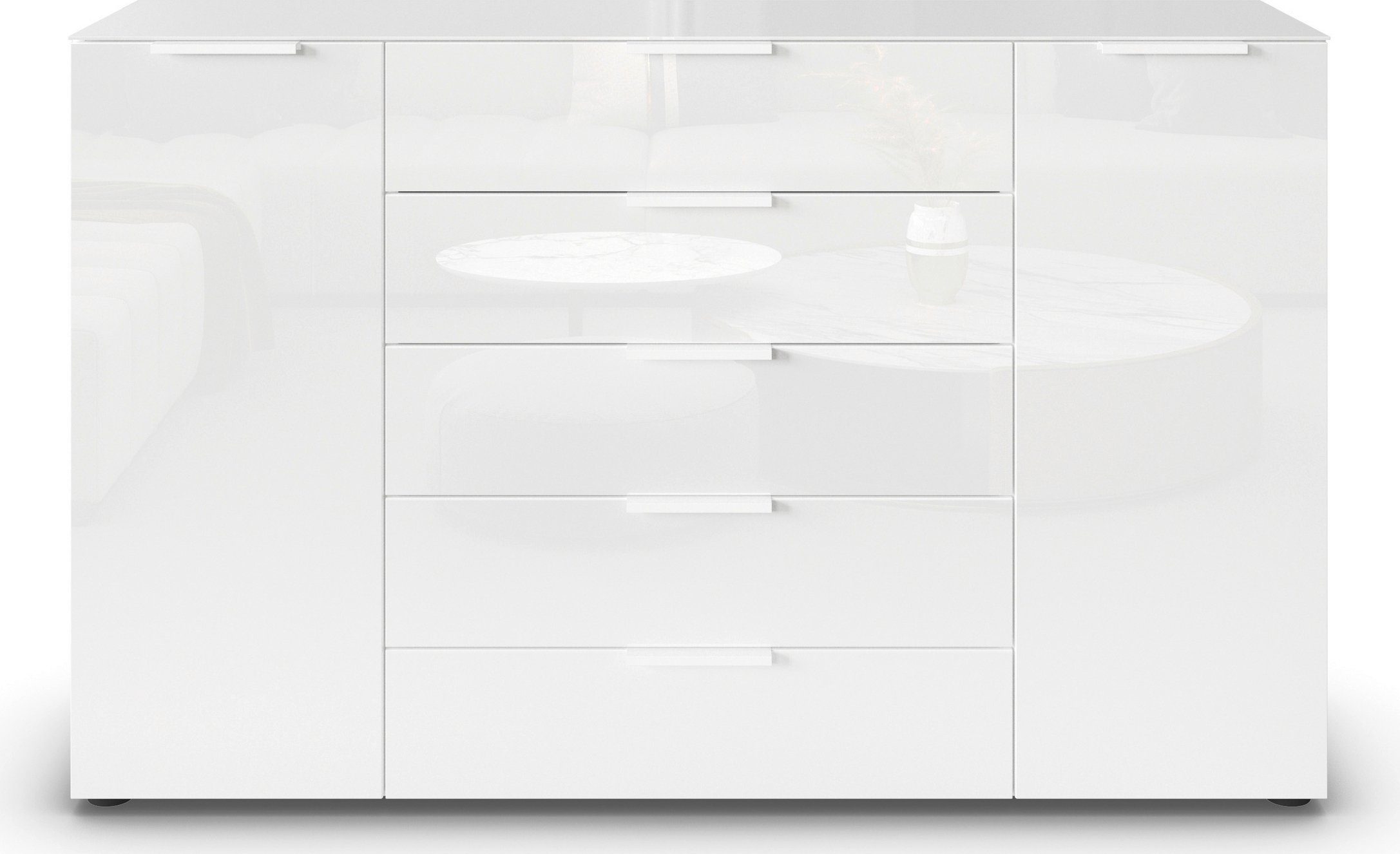 rauch Ladekast Flipp kast sideboard waskast 2-deurs, 5 laden, soft-close, bovenblad en glazen front, 2 breedtes