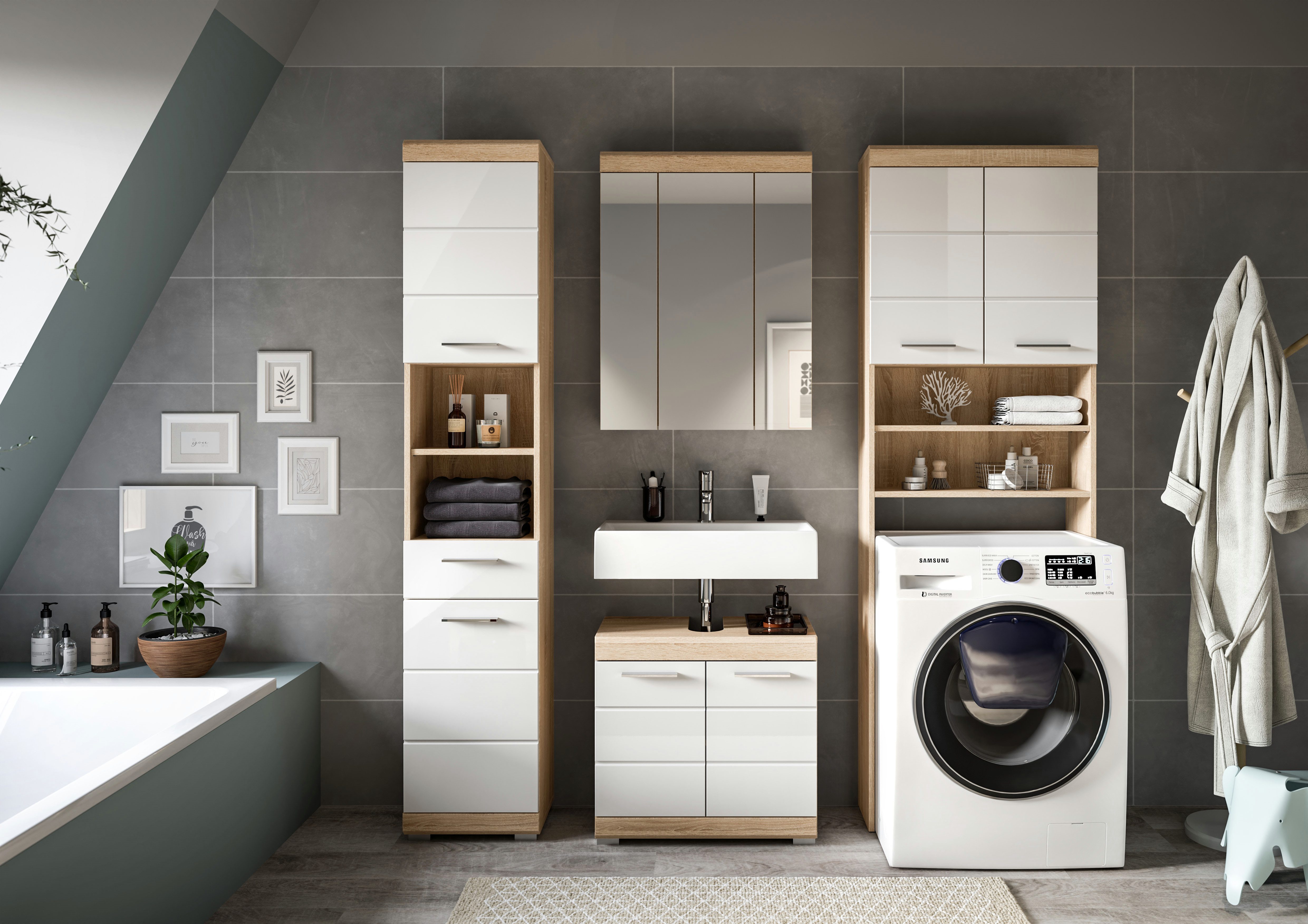 INOSIGN Badkamerserie Siena, 4-delig, bestaande uit: Hoge kast, WBU, spiegelkast, wasmachine ombouwkast (set, 4-delig)