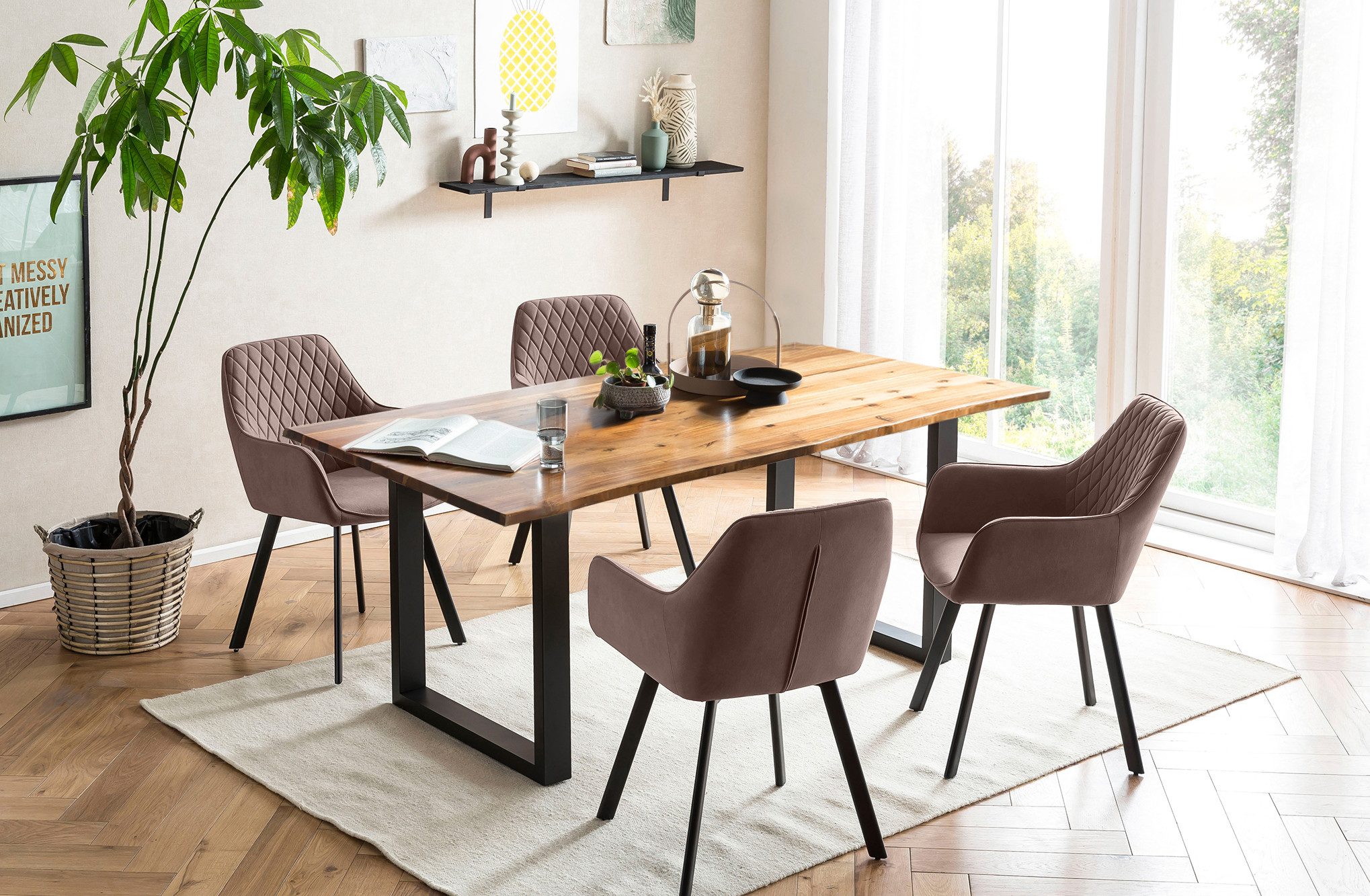 SalesFever Eethoek Tafelblad met echte boomrand, rug met ruitstepping (set, 5-delig) eethoeken bruin