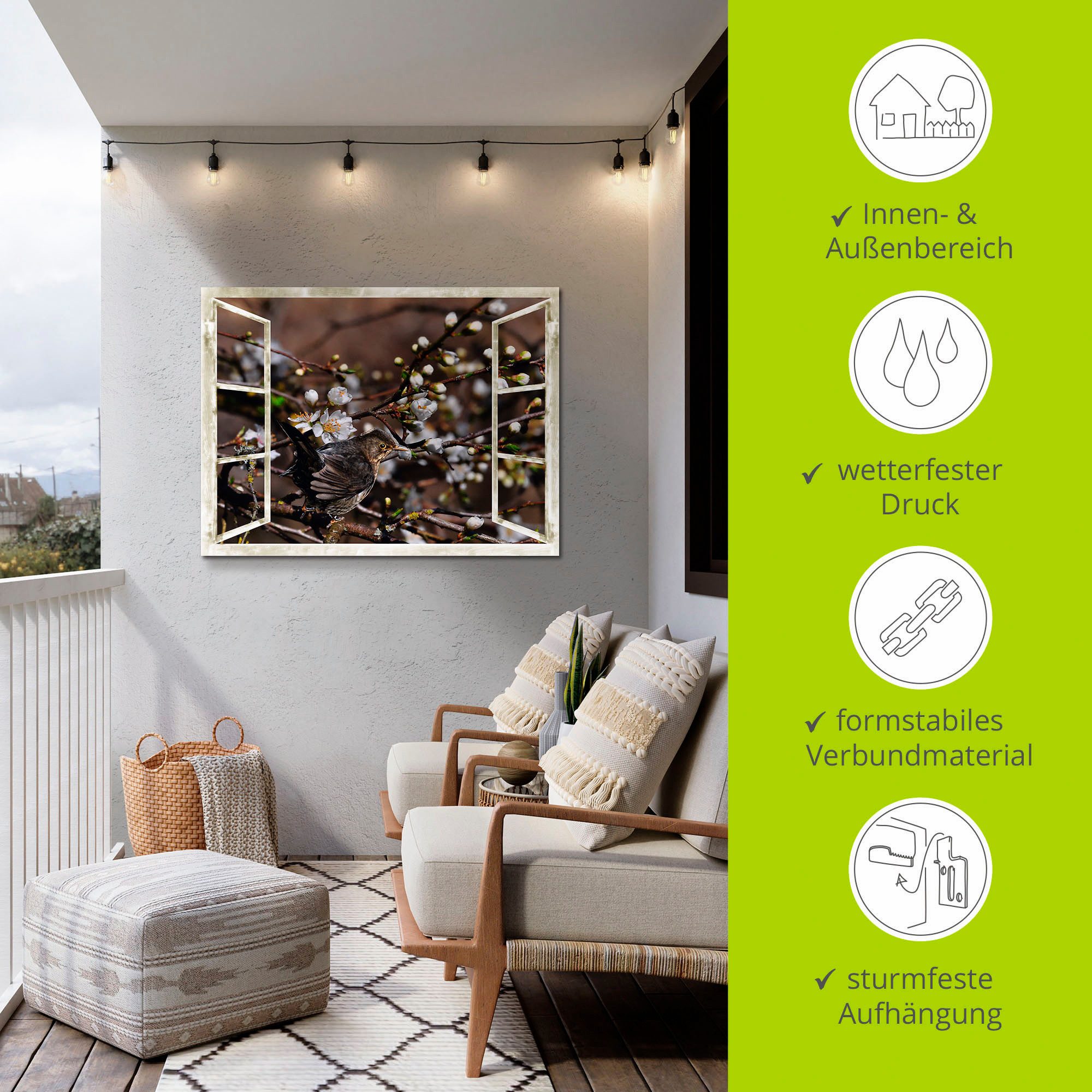 Artland Artprint Blik uit het venster - kersenbloesem met merel als artprint van aluminium, artprint voor buiten, artprint op linnen in verschillende maten