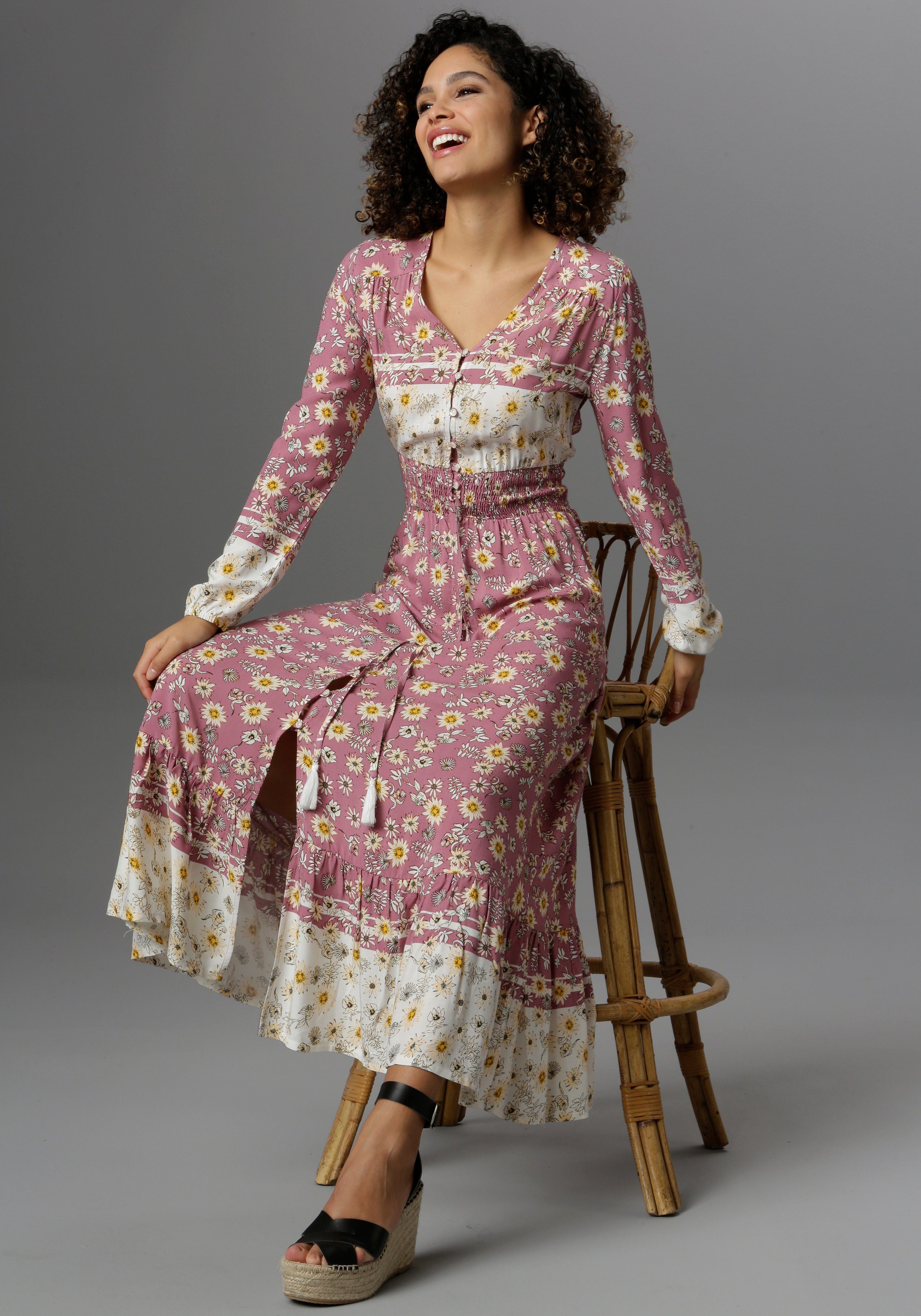 Aniston CASUAL Maxi-jurk met fijne bloemenprint en patch-look