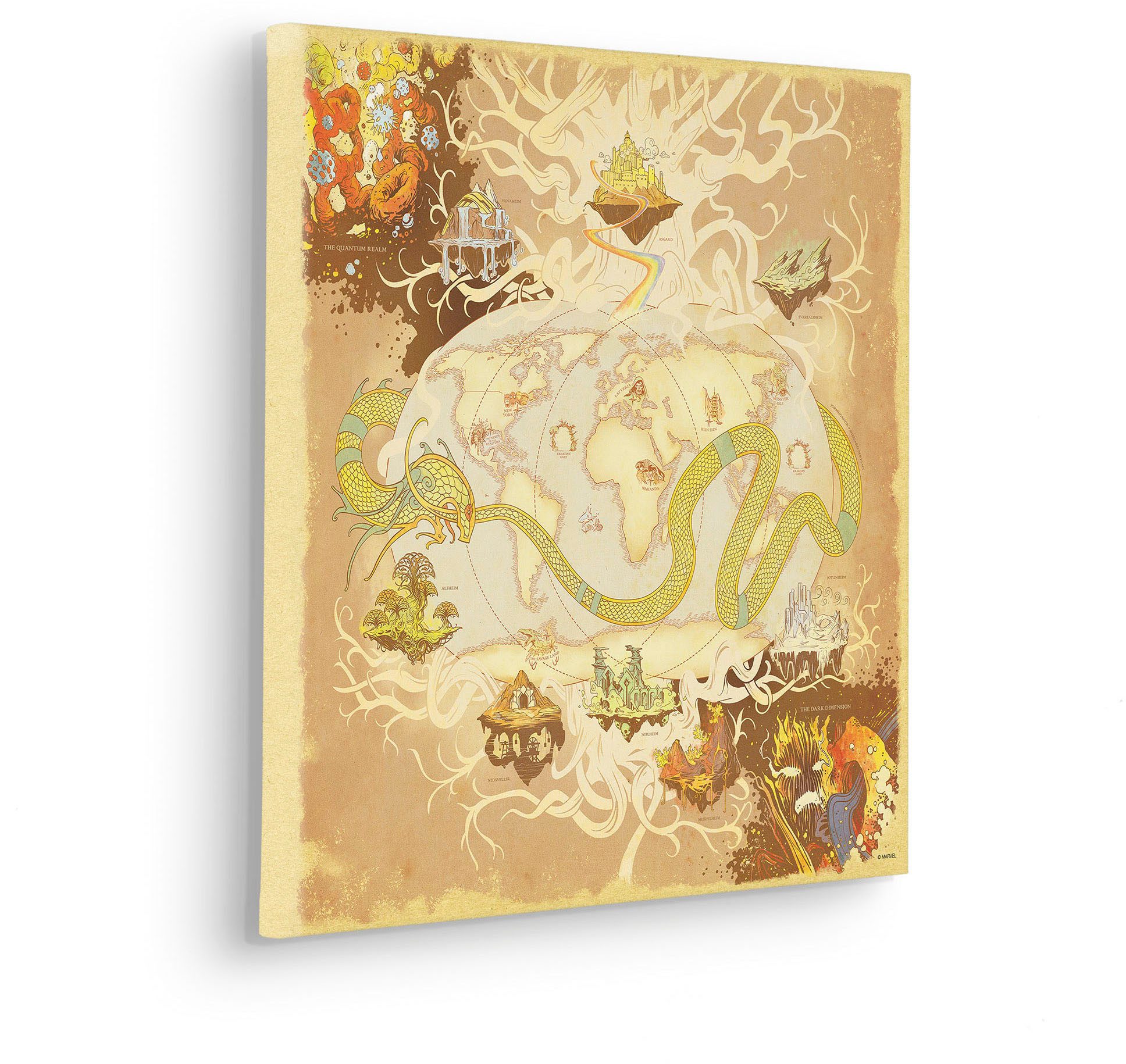 Komar Artprint op linnen Marvel World Map - Afmeting 40 x 40 cm Canvasdoek met echt houten frame, kinderkamer (1 stuk)