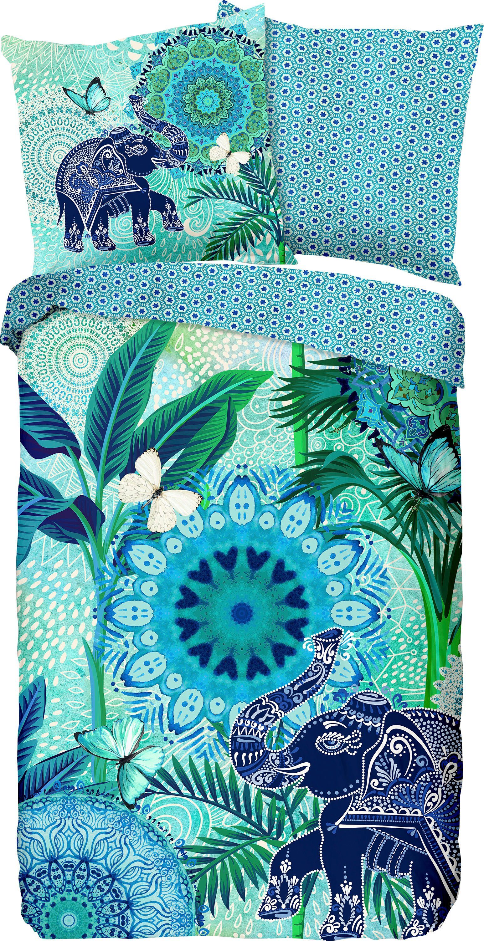 hip Tweezijdig te gebruiken overtrekset Isara Mako-satijn, 135x200, Rits, Omkeerbaar, Mandala, Olifant Blauw