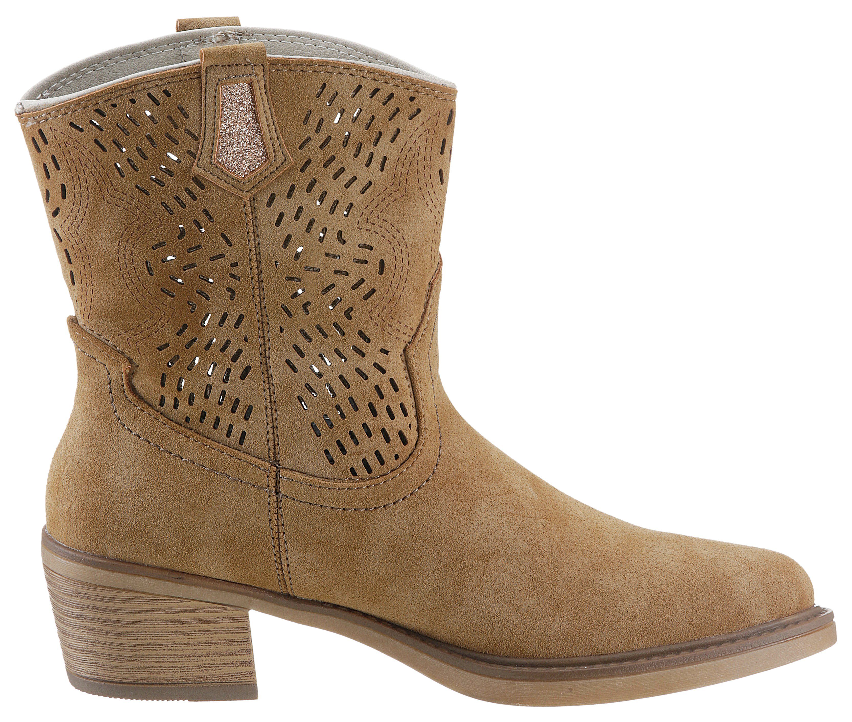 Mustang Shoes Cowboylaarsjes Cowboy enkellaarsjes, laarzen met ingewikkelde perforatie op de schacht