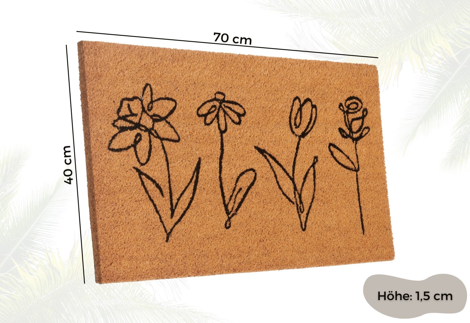 HANSE Home Mat Kokos Line-Art Flowers, deurmat Vuilafstotende mat, antislip, buiten, binnen, buiten, kokosmat, gang