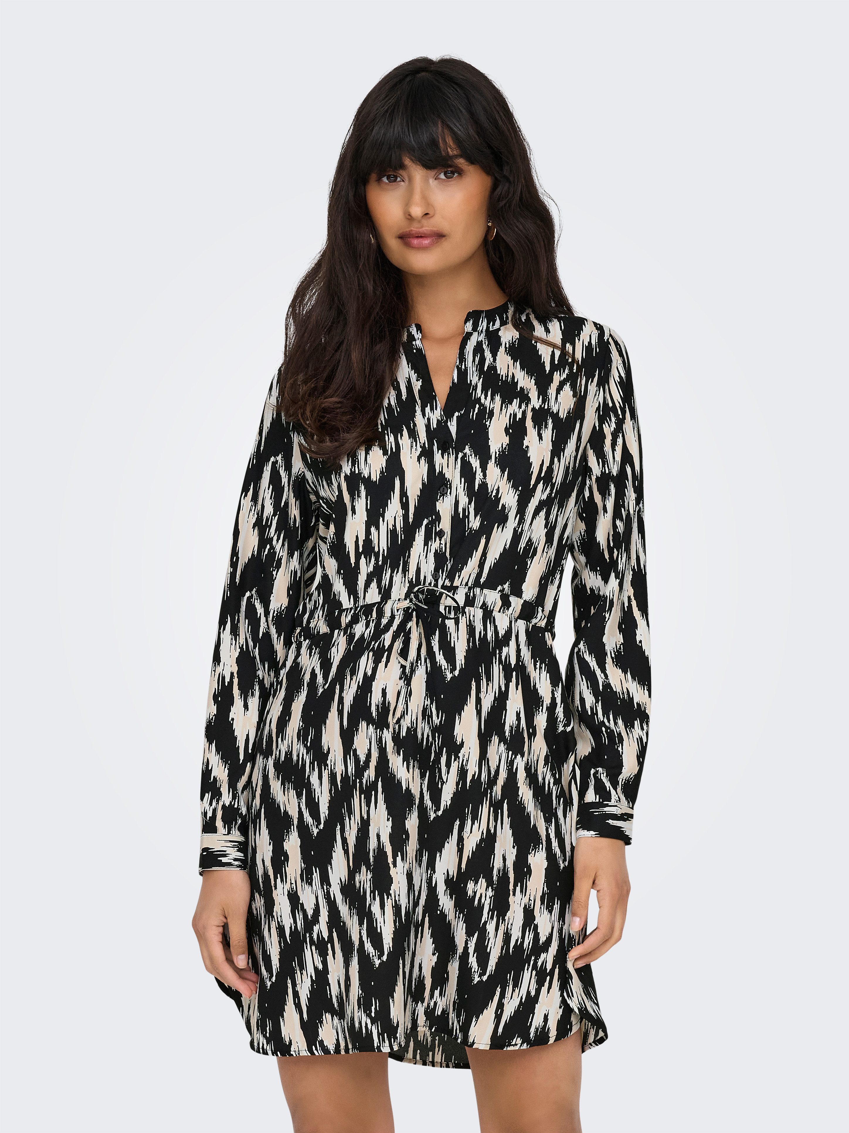 Only Gedessineerde jurk ONLCORY L/S V-NECK TUNIC dames jurken met print maat S (36) zwart