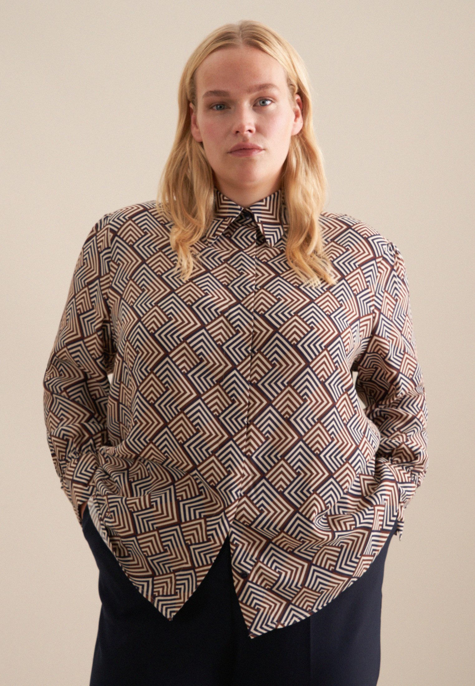 Seidensticker Overhemdblouse Zwarte roos Lange mouwen kraag geometrische motieven