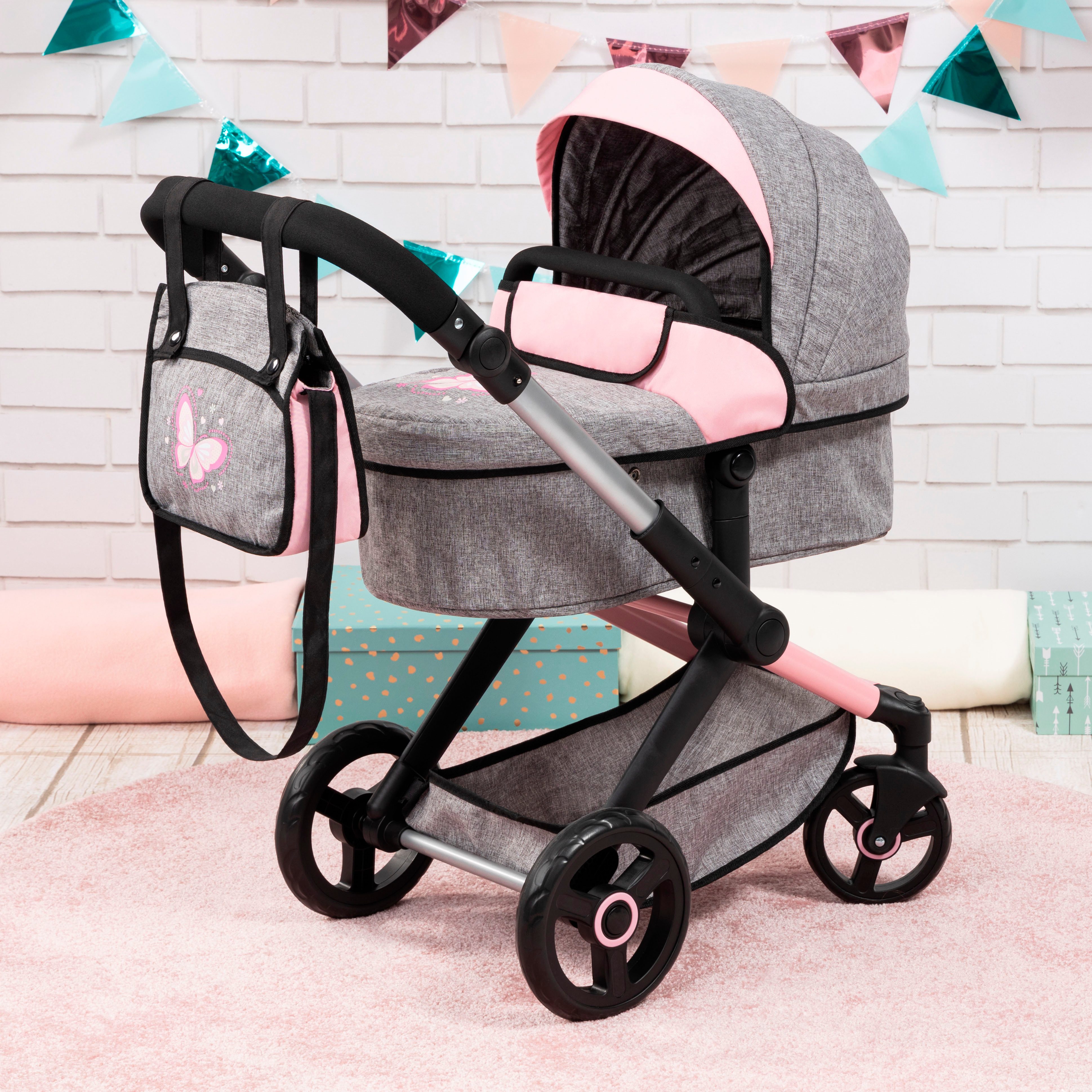 Bayer Combi-poppenwagen Xeo, grijs/roze vlinder