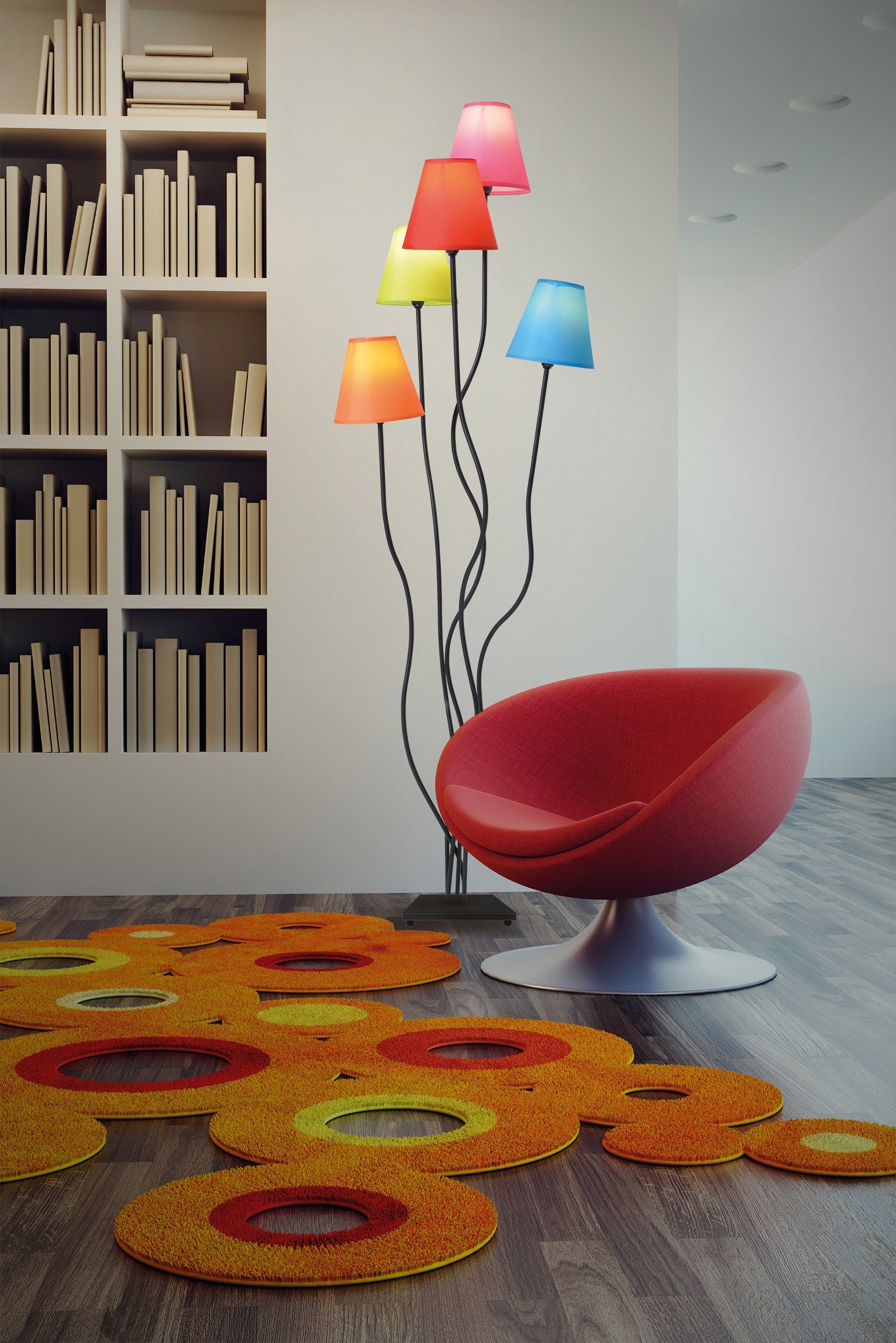 näve Staande lamp Colori 5-vlamig, kleurrijke textielkappen oranje, groen, roze, blauw en rood hoogte 156 cm (1 stuk)