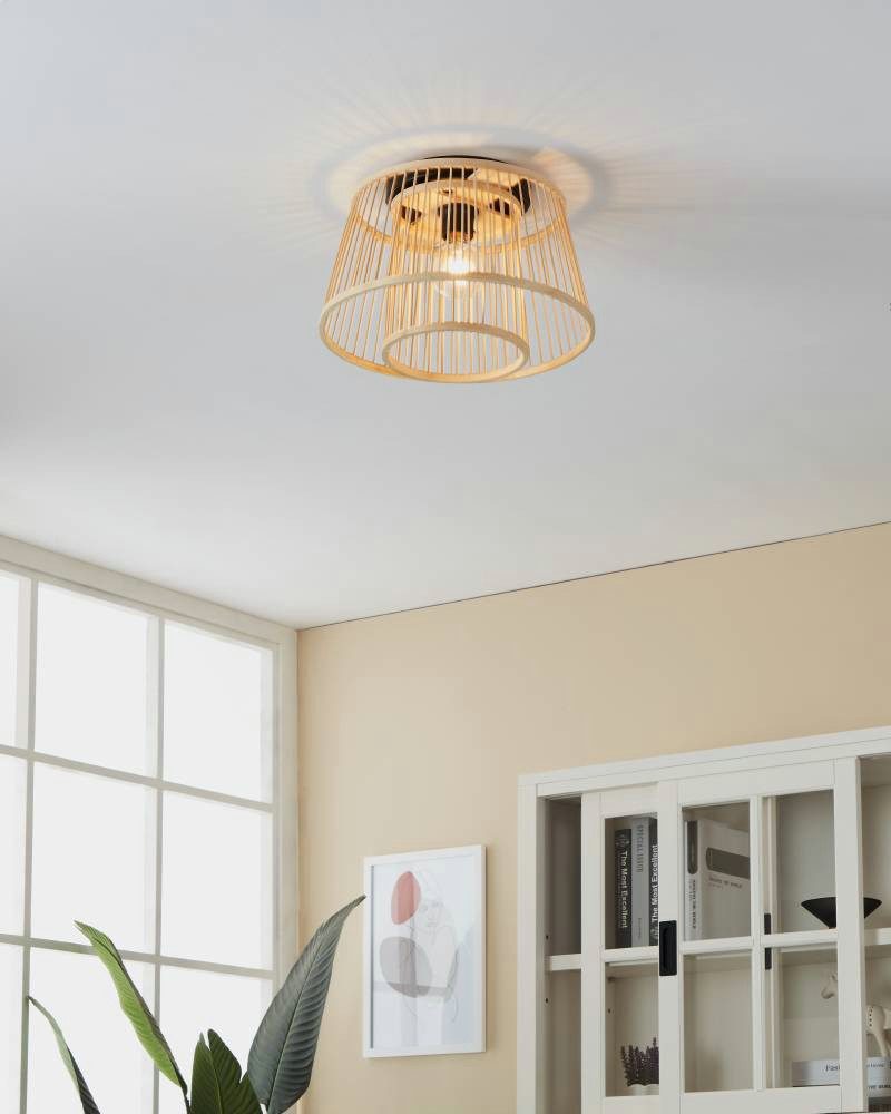 EGLO Plafondlamp HYKEHAM Plafondlamp, bamboe, boho, hout en metaal in zwart, E27 fitting (1 stuk)