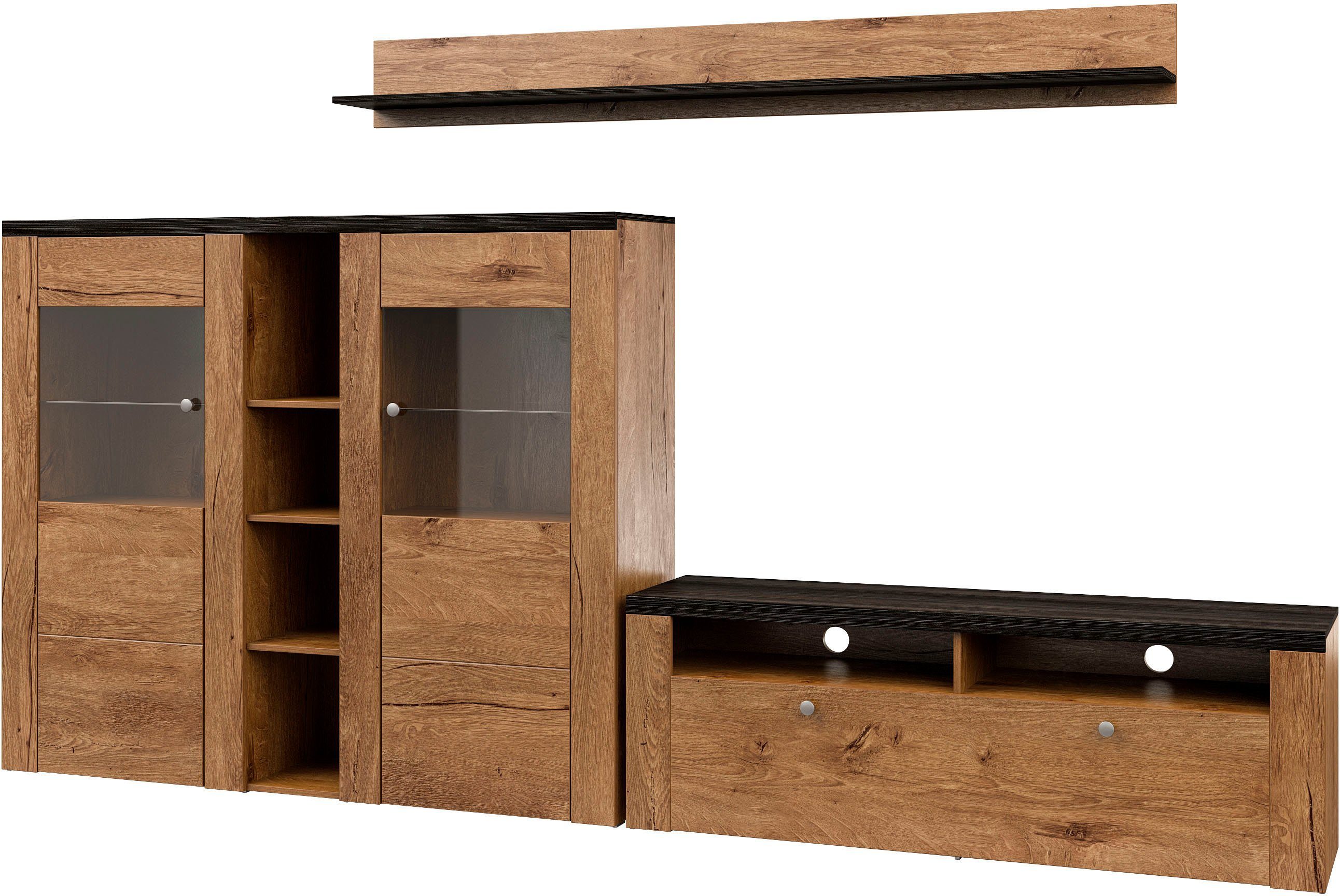 Home affaire Wandmeubel Larona, Woonwand, 3-delig set, bestaande uit 1 tv-kast, 1 hoge kast, 1 wandplank (3-delig) tv-wandmeubels bruin