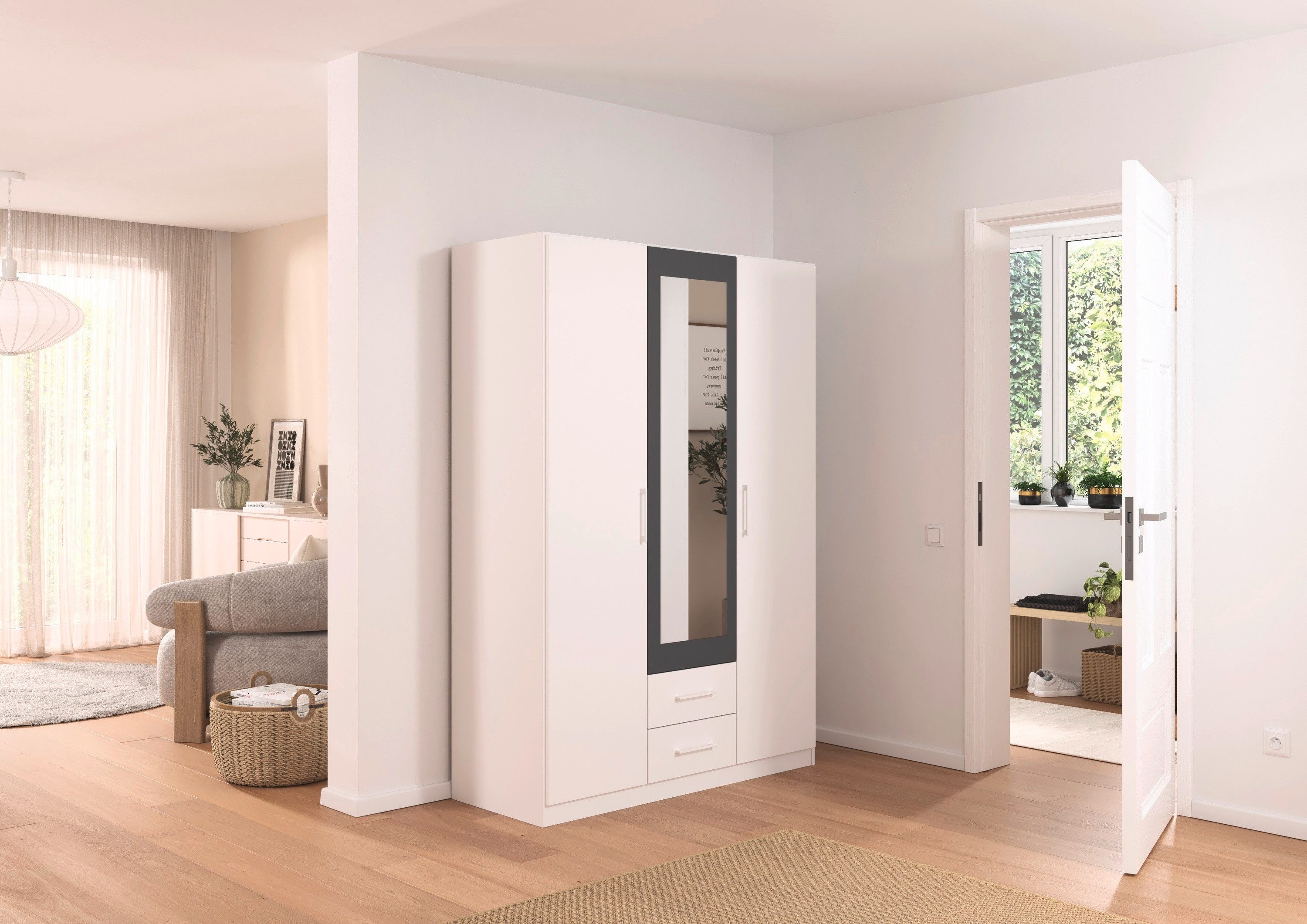 rauch Draaideurkast Kledingkast garderobe KREFELD optioneel met spiegel met 3 greepvarianten, incl. praktische lades made in germany