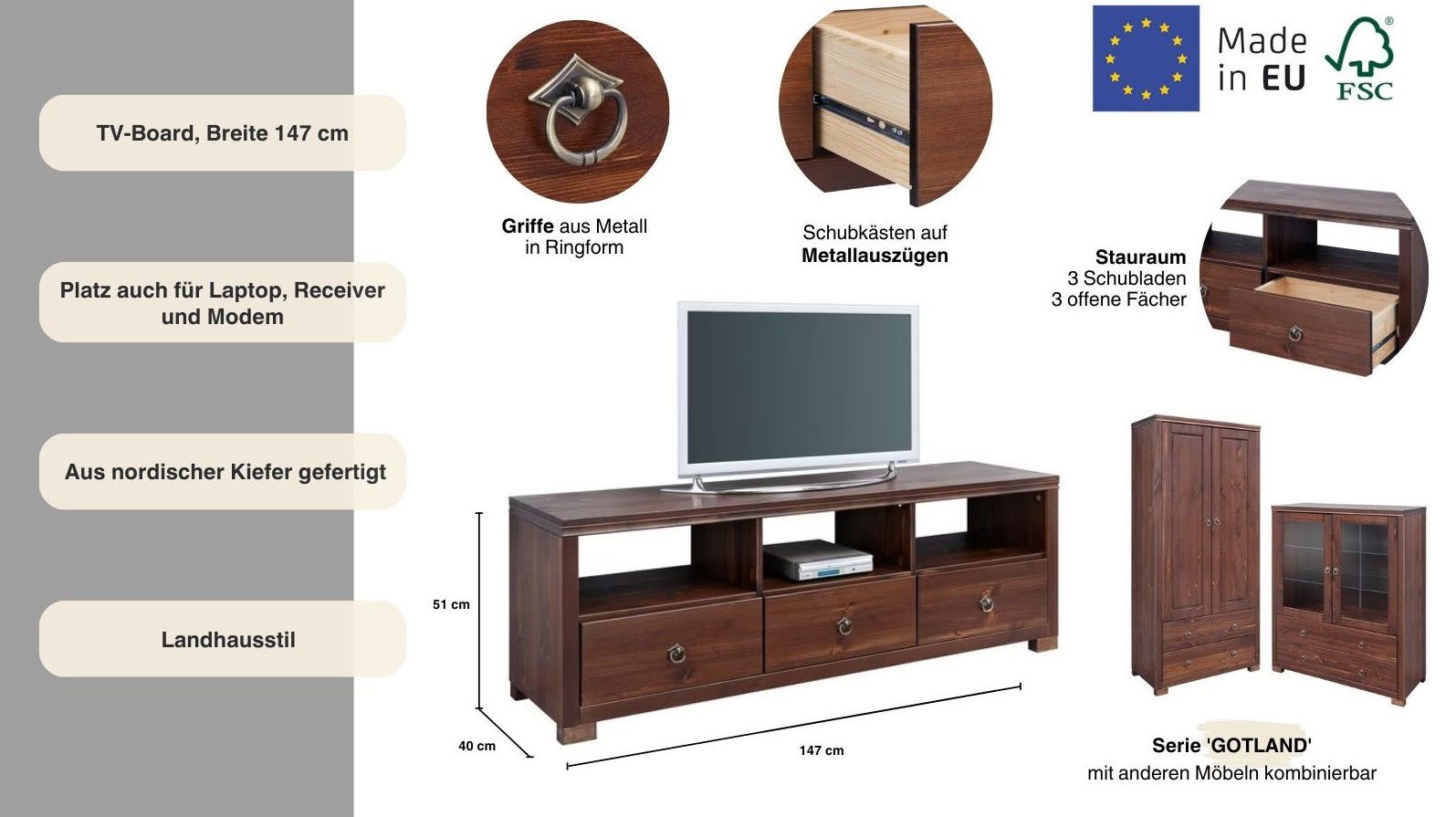 Home affaire Tv-meubel Gotland Breedte 147 cm, met lades en open vakken, massief hout, FSC®