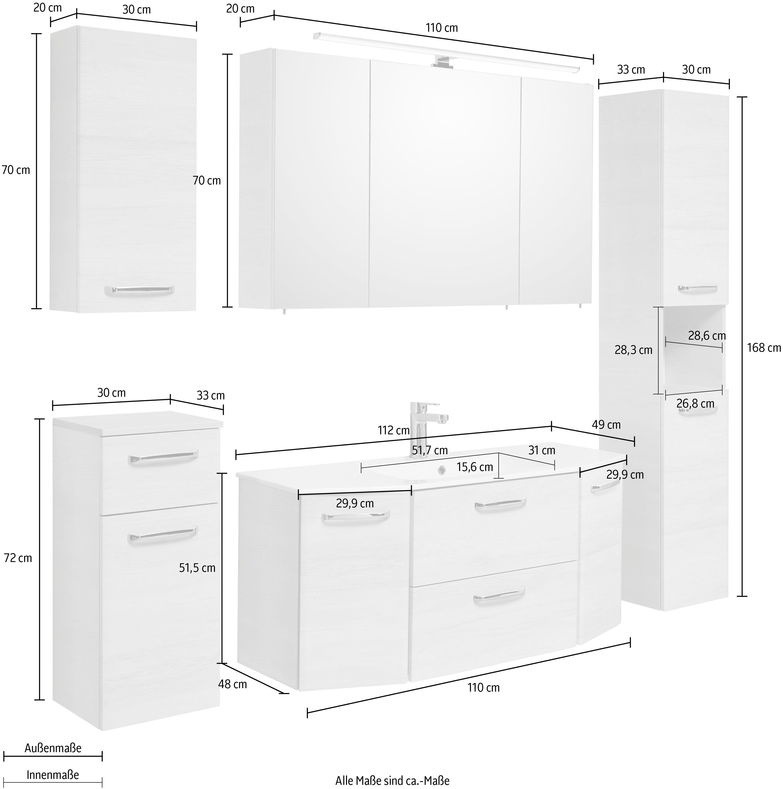 Saphir Badkamerserie Quickset 936 5-delig, glazen wastafel met LED-spiegelkast Wastafelmeubel, inclusief deurdemper, 9 deuren, 1 klep, grepen glanzend chroom (set, 5-delig)