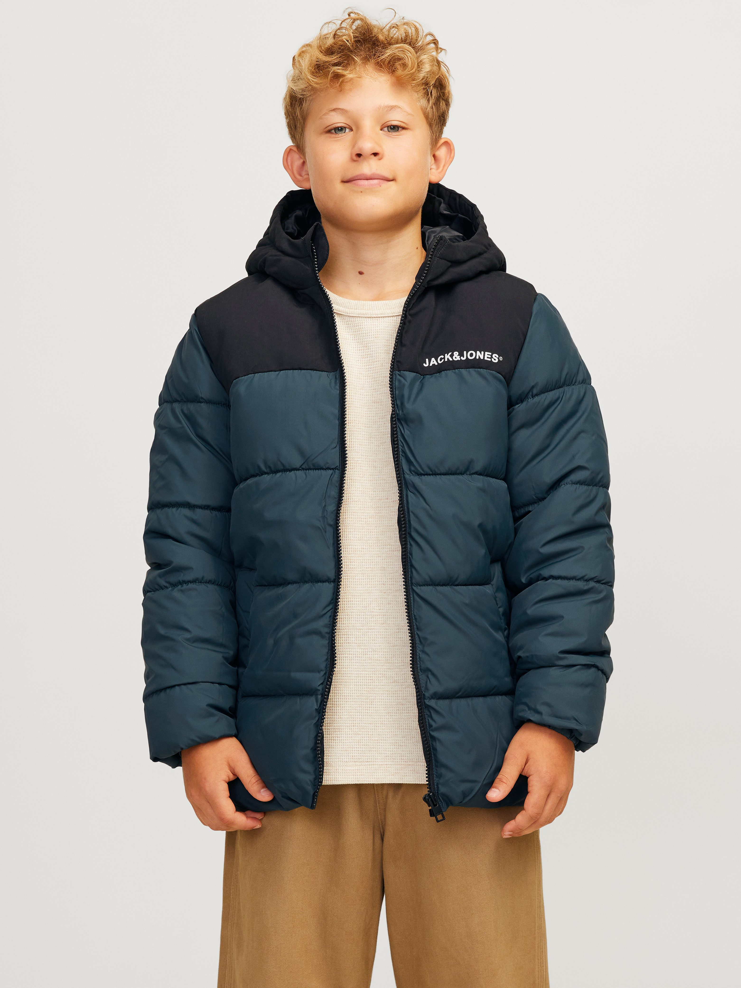 Jack & jones JUNIOR gewatteerde jas blauw zwart Jongens Polyester Capuchon 152