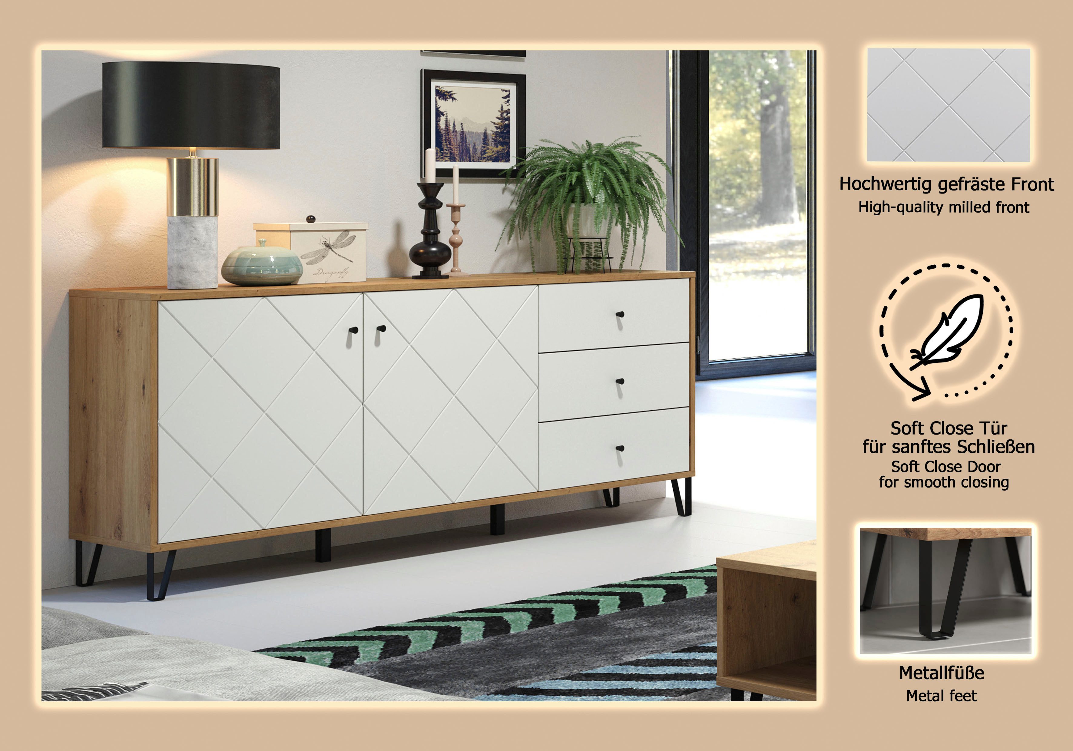Places of Style Dressoir Tarragona Commode, Frezingen in ruitlook, Breedte 183 cm